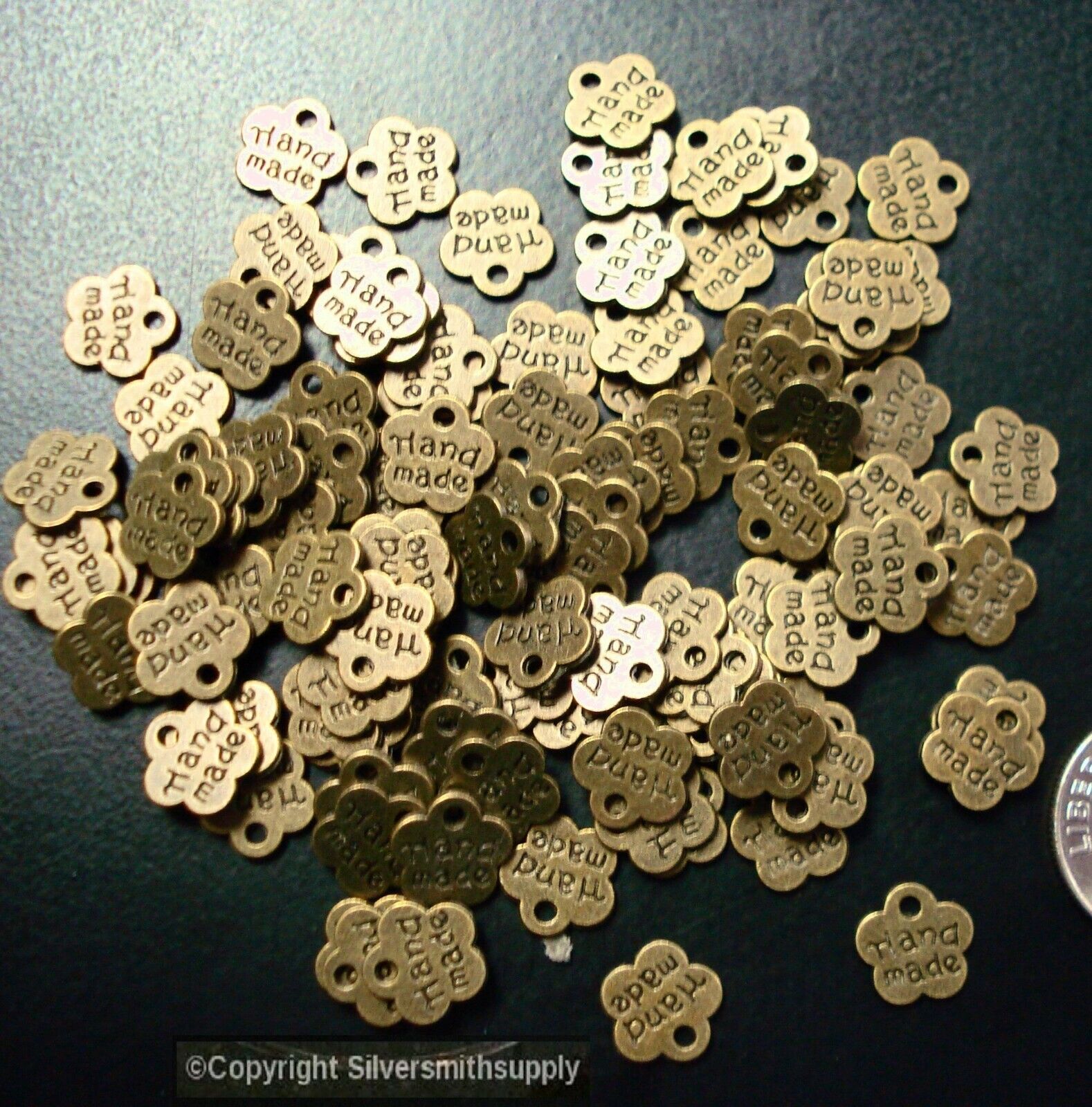 100 Jewelry tags "handmade" 9mm antique bronze plated signature tags CFP074  Silversmithsupply.com