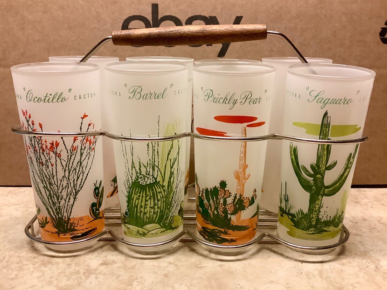 Vtg 1950's/60's Blakely Oil Gas Arizona Cactus Frosted 12 oz.Tumblers - Set of 8 Anchor Hocking