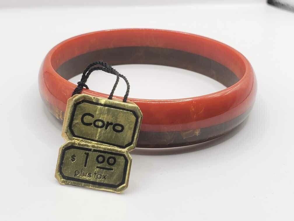 Rare 1940s CORO New Old Stock Two-Tone Bakelite Bangle  Brown/Red Swirl- W/ Tag! Coro