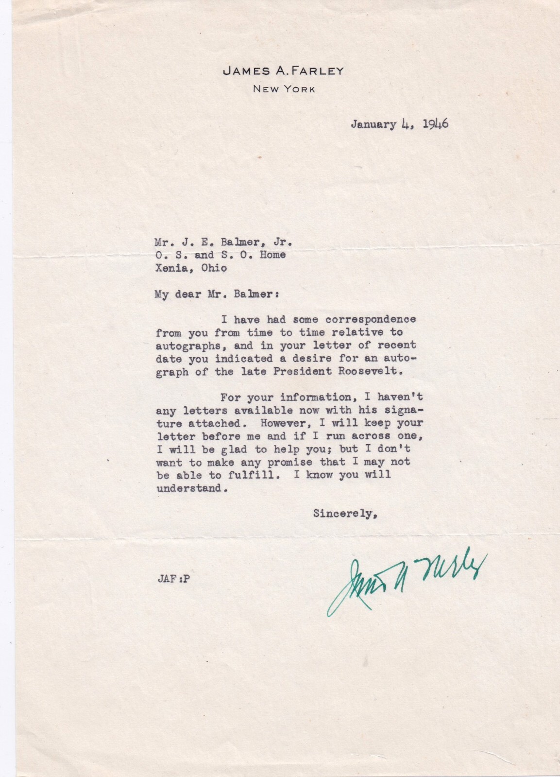 James A. Farley, former US Postmaster CEO Coca Cola Letter Signed in green, 1946 Без бренда