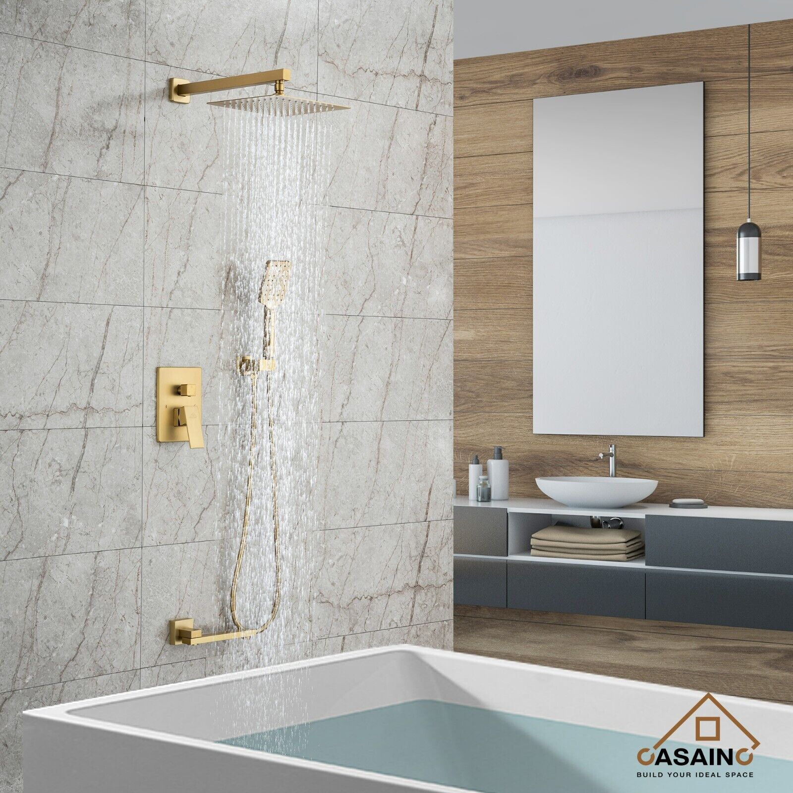CASAINC Brushed Gold Dual Head Waterfall Shower Bar System with 3-way Diverter CASAINC - фотография #10