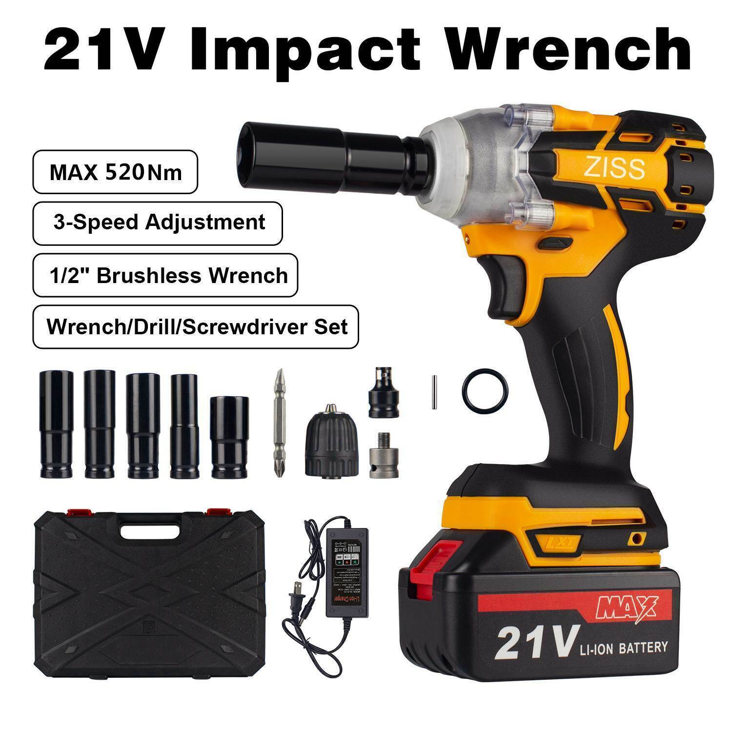 21V Cordless Impact Wrench Kit 1/2" 520Nm High Torque Brushless Drill w/ Battery Ziss Z43046