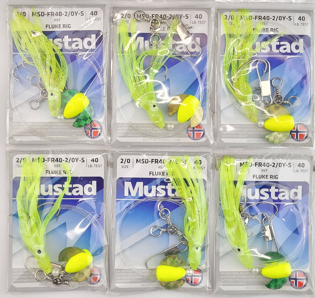 6 Mustad Saltwater Fishing Rigs - 3" Squid Teaser w/ Spinner 2/0 Fluke Rig [F1] Mustad MSD-FR40-2/0Y-S