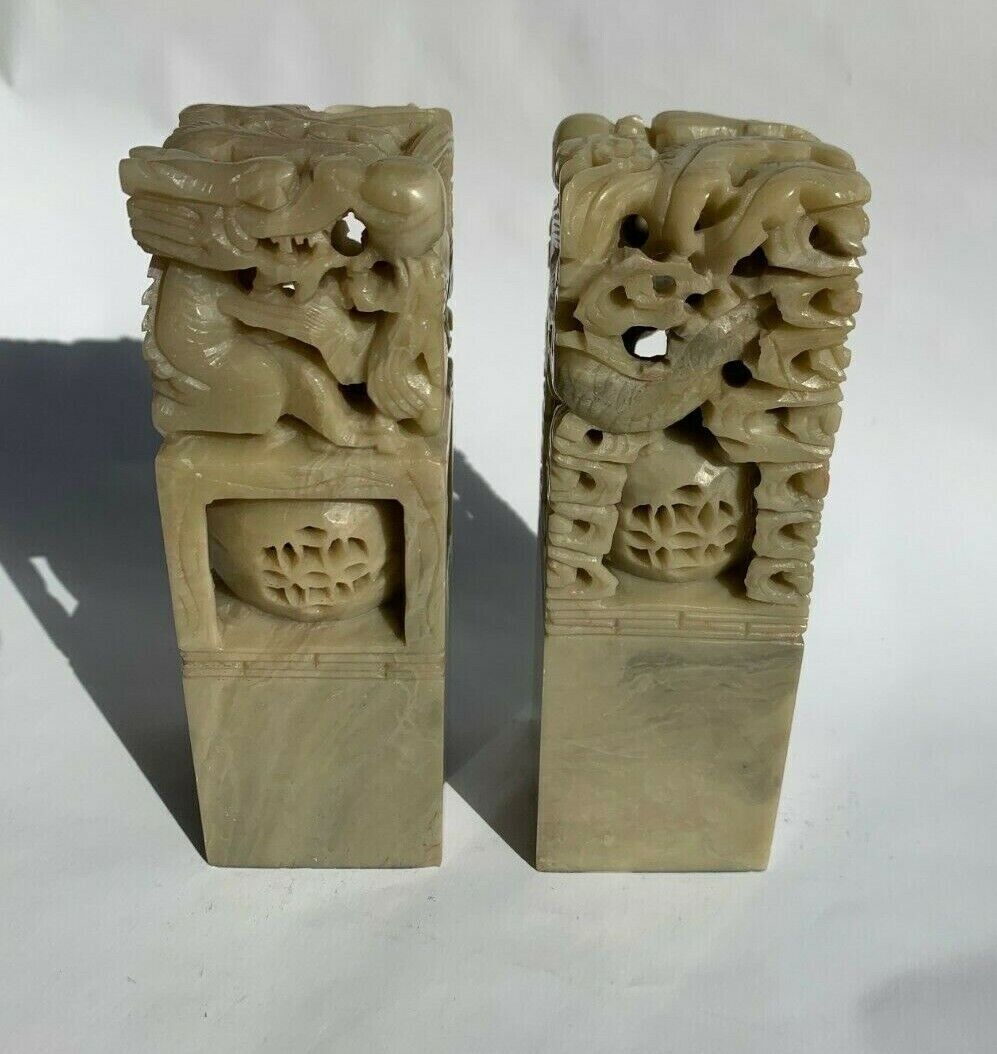 Two (2) CHINESE JADE HAND CARVED STONE NAME STAMPS - "MARTY" & "GIM" Без бренда