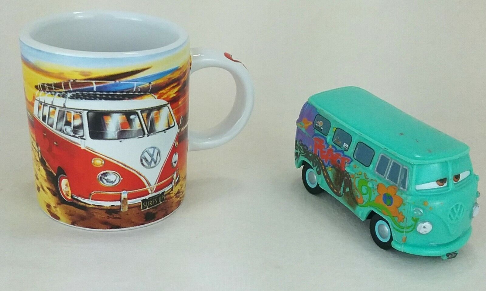 LOT of 2 - Volkswagon VW 3 fluid oz Mini Mug & Disney Plastic Die Cast VW Van California Scene Mini Mug