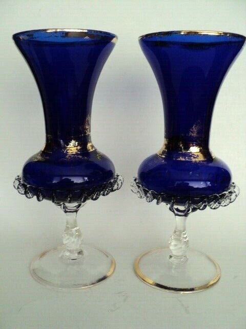2 Bohemian Czech Cobalt Blue Gold Crystal 10 3/8"h Riggerie & Gold Vases Egermann