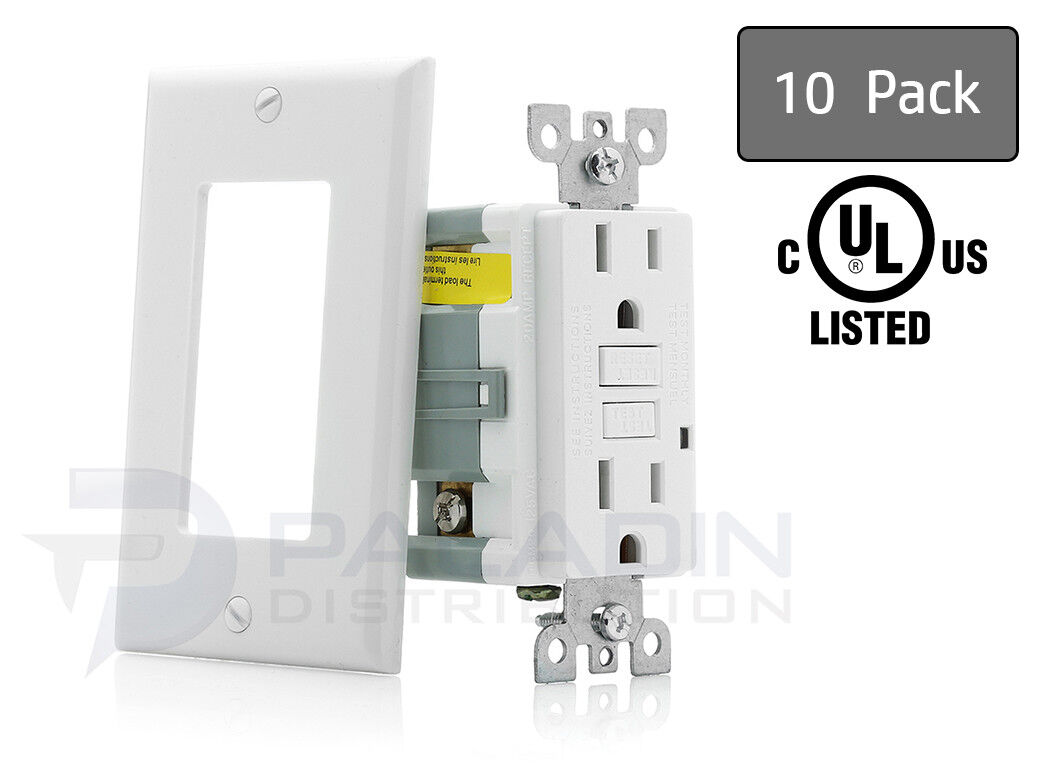 15A Amp GFCI Receptacle Outlet w/ LED & Wall Plate - UL Listed, White (10 Pack) Paladin TG15-10PK