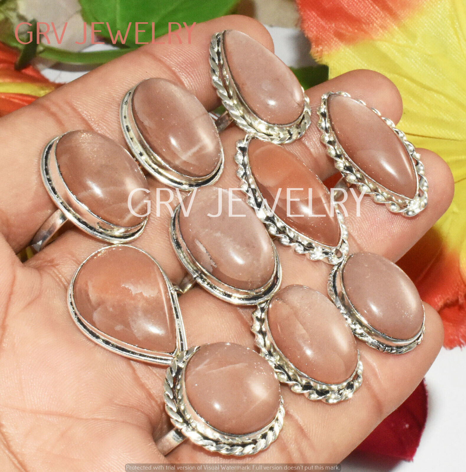 Natural Peach Moonstone Gemstone 500pcs Ring Lot 925 Silver Plated WHR-33 Unbranded