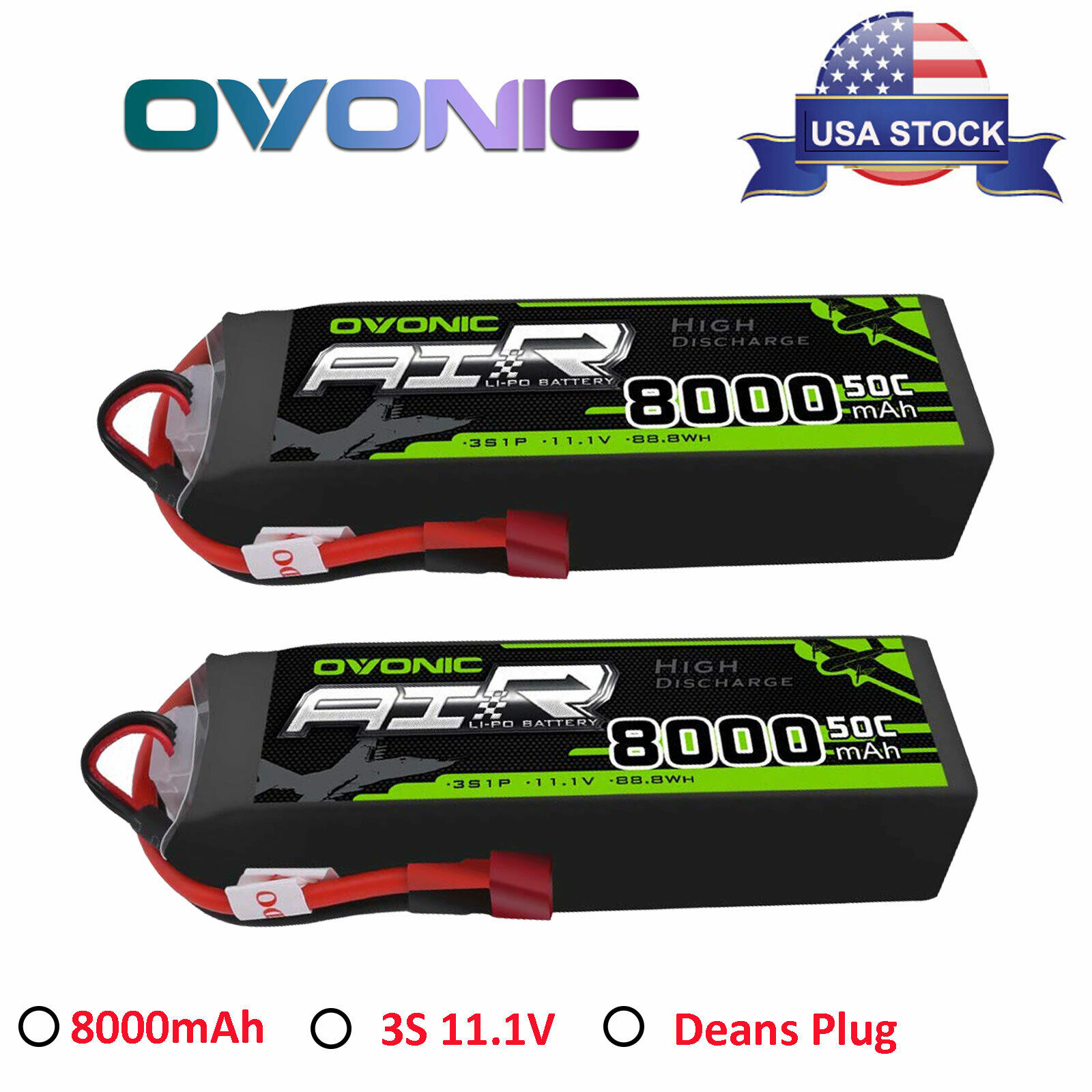 2Pcs OVONIC 8000mAh 50C 3S 11.1V Lipo Battery Deans Plug For RC Car Truck Buggy Ovonic O-50C-8000-3S1P-T*2P