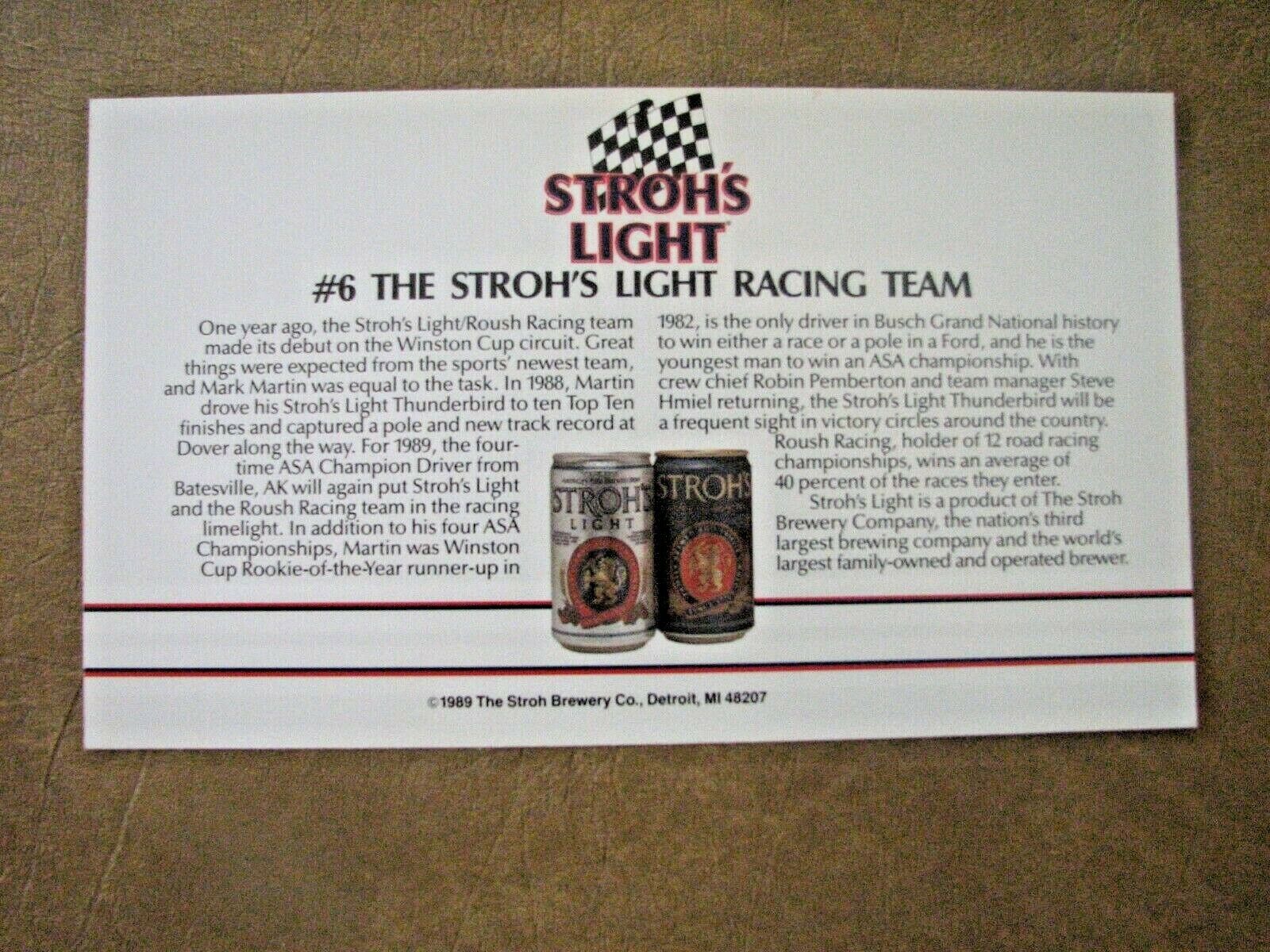1989 Stroh's Mark Martin #6 Racing Team Photo Card 2 Sided (6 ea in a set) $5.00 Без бренда - фотография #2