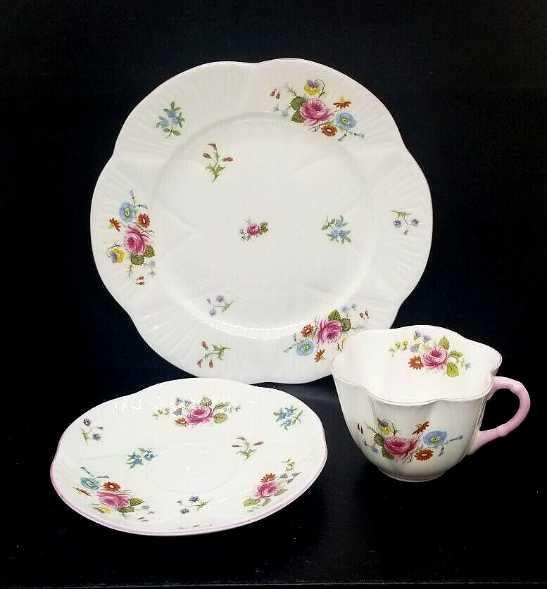 Shelley Dainty Rose & Red Daisy Tea Cup Saucer & 8" Plate Set  England Trio Shelley n/a