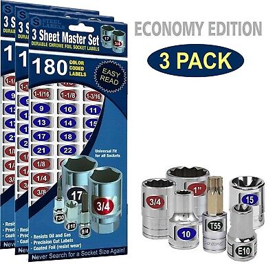 3 Pack Master Socket Label Set Economy Blue Edition Easy Read Chrome Decal Tags SteelLabels.com M3PACK001