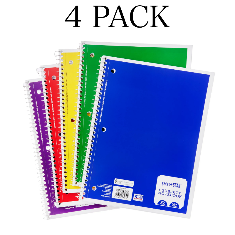 Pen + Gear 1 Subject Spiral Notebook Wide Ruled 70 Sheets Assorted Colors 4 PACK Pen+Gear 026229570704