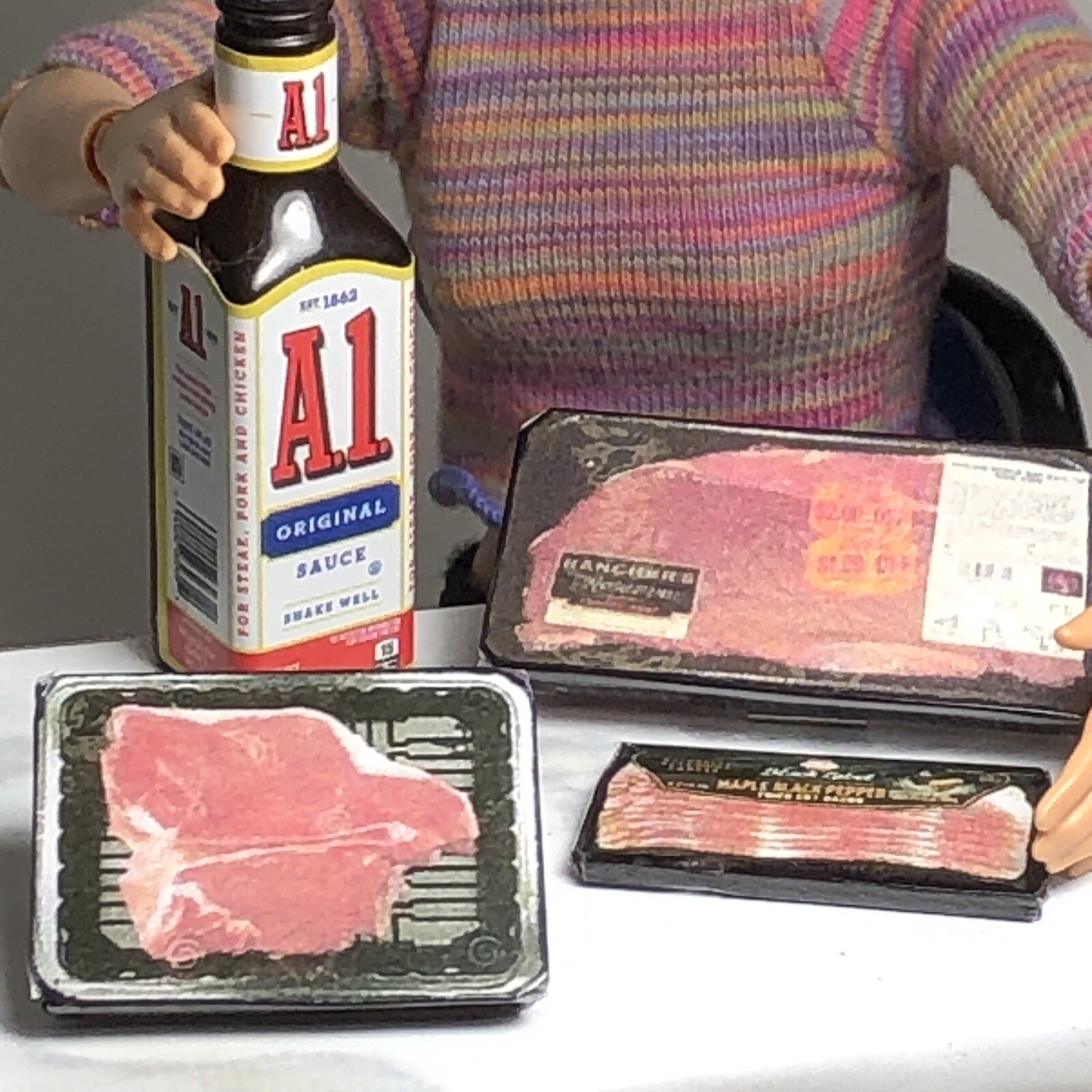 4pc BARBIE Doll FOOD Lot A1 STEAK Sauce 🥩  Bacon Little Kitchen Meat 1:6 SCALE Unbranded - фотография #5
