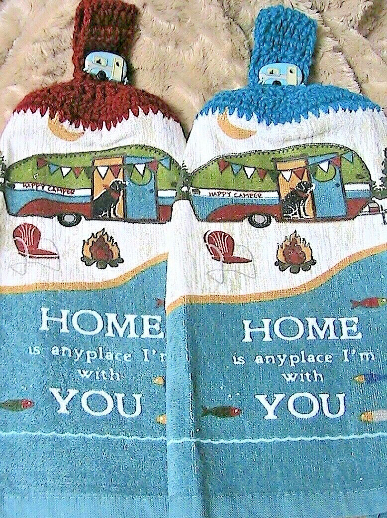 LOT OF 2 HAPPY CAMPER~CROCHET TOP~ with CAMPER buttons KITCHEN~BATH TOWELS Kitchen NONE
