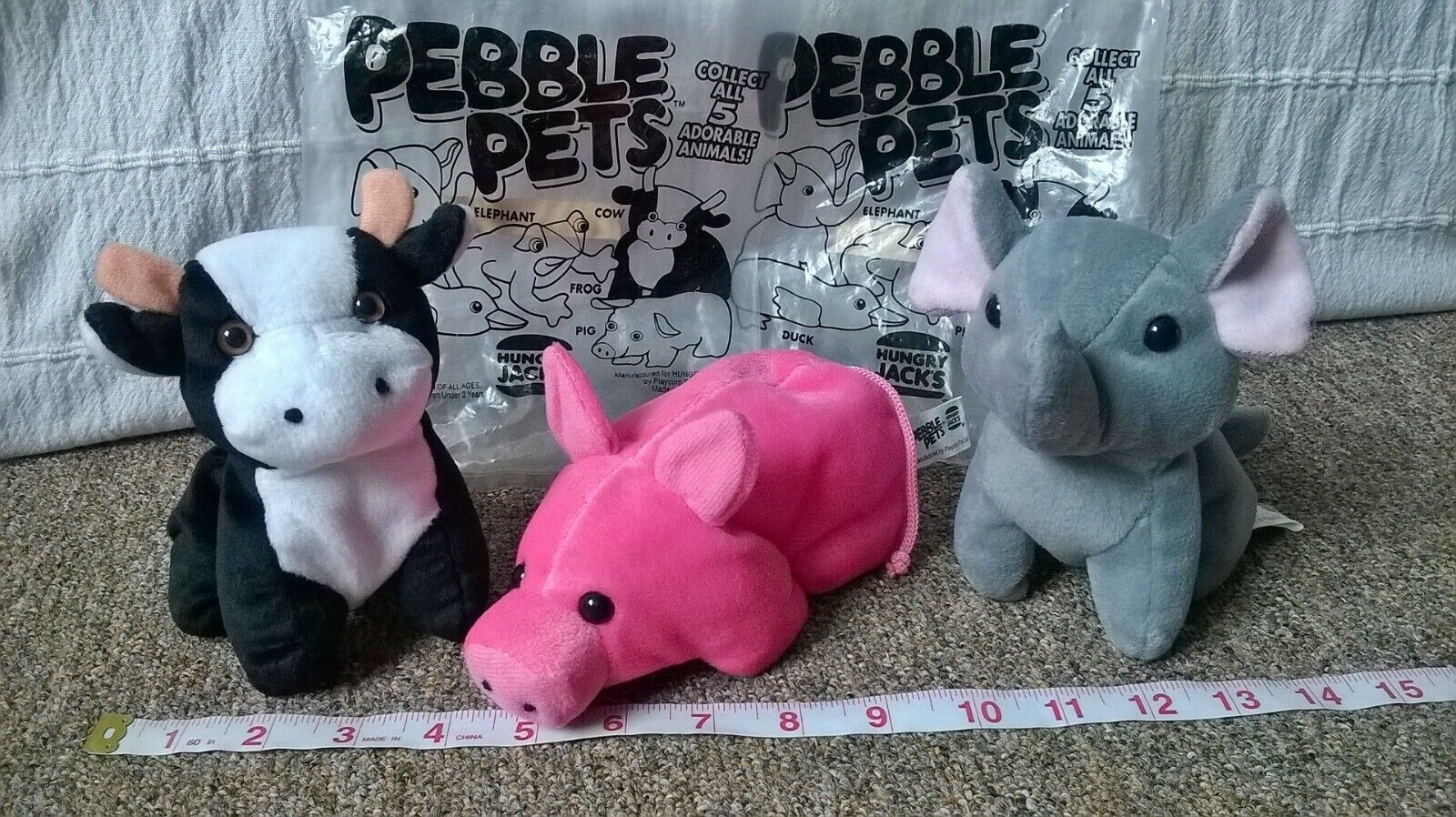 Pebble Pets Lot x 3 Beanie Plush Pig Cow Elephant Imperial Toy 1999 Hungry Jacks Hungry Jack's - фотография #2
