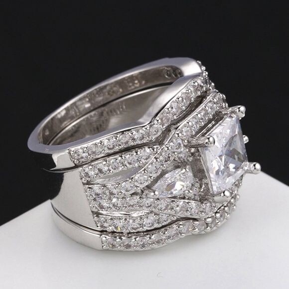 FENDINA Womens 3 PC 18K White Gold Plated Wedding Engagement Ring Set Sz 9 Fashion Jewelry - фотография #2