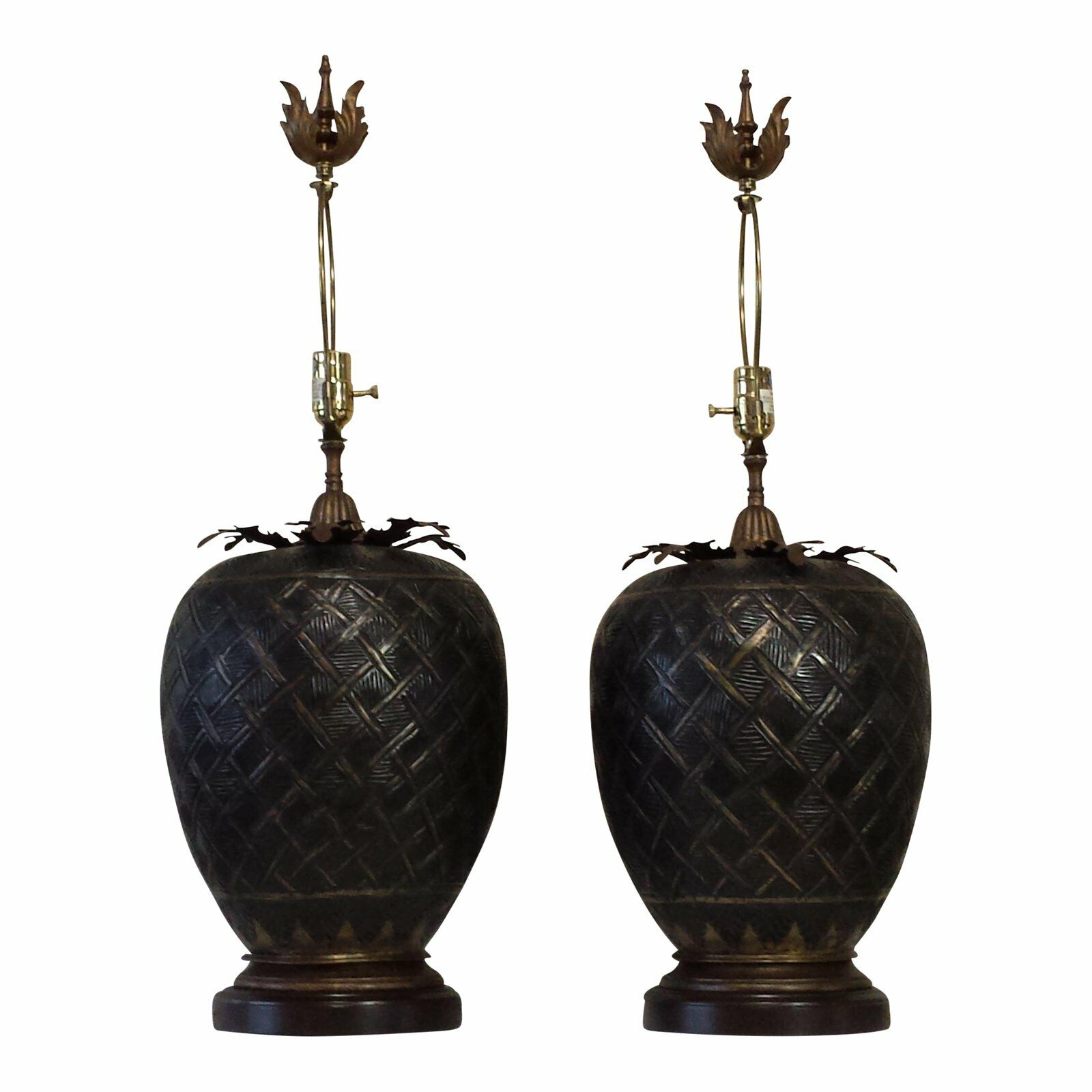  John Richard Round Brass Table Lamps pair Acorn Style  JOHN RICHARD