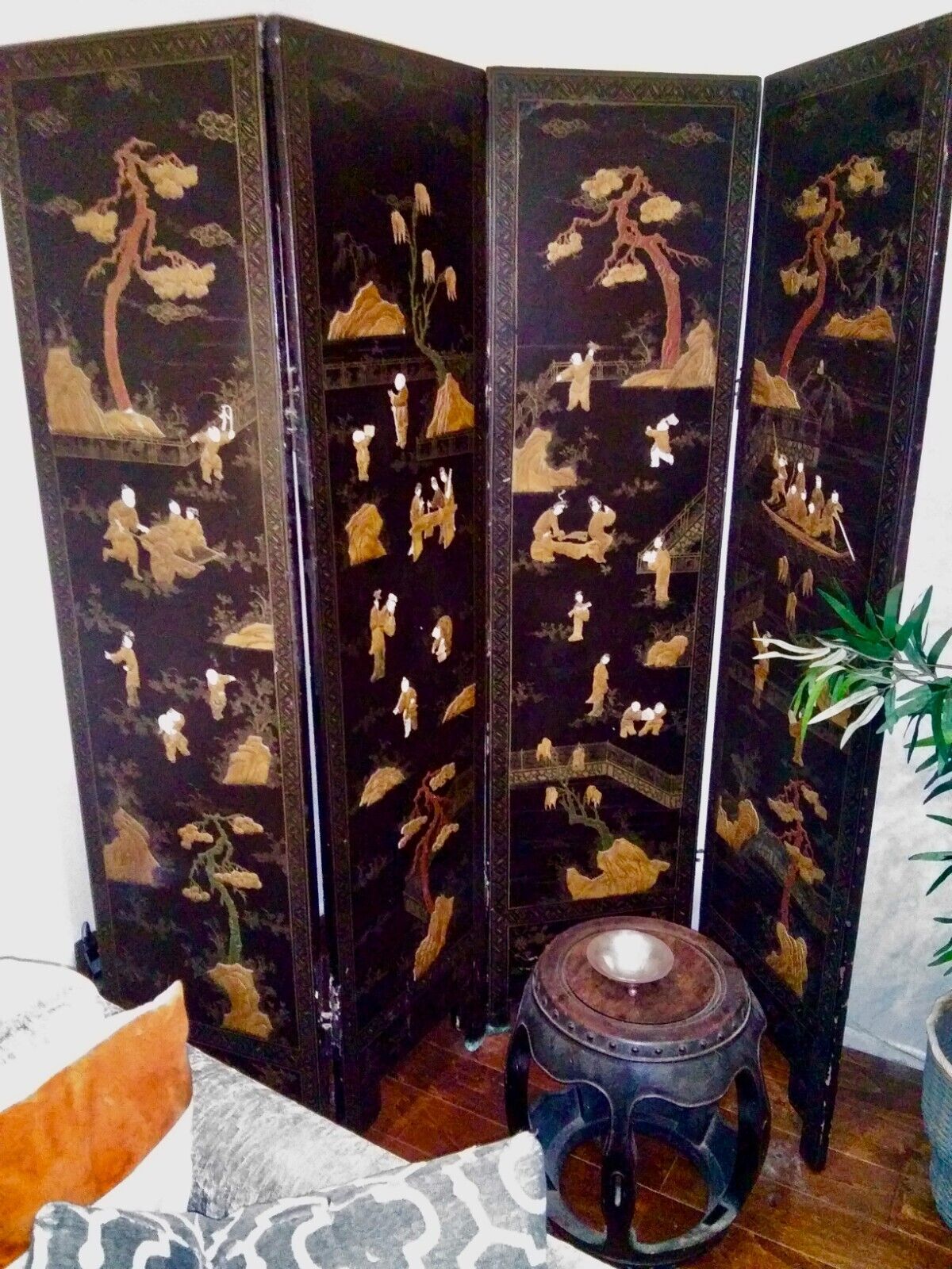ANTIQUE CHINESE BLACK LACQUER SCREEN Mother of Pearl-EXQUISITE! RARE19th C. Без бренда - фотография #8