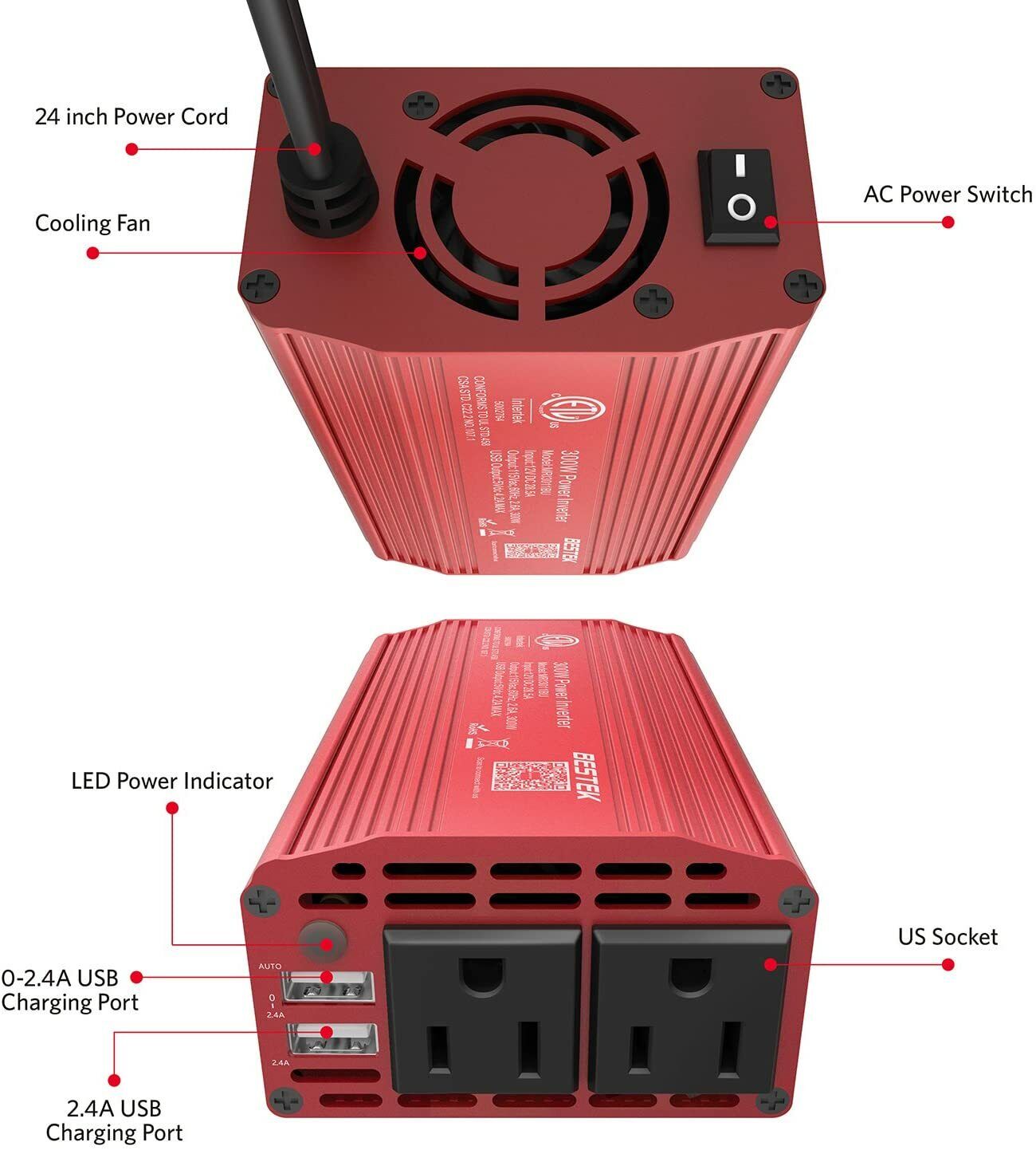 BESTEK 300W Dual DC 12V to 110V AC Outlets Power Inverter Car Adapter 2 USB Port Bestek Does Not Apply - фотография #4