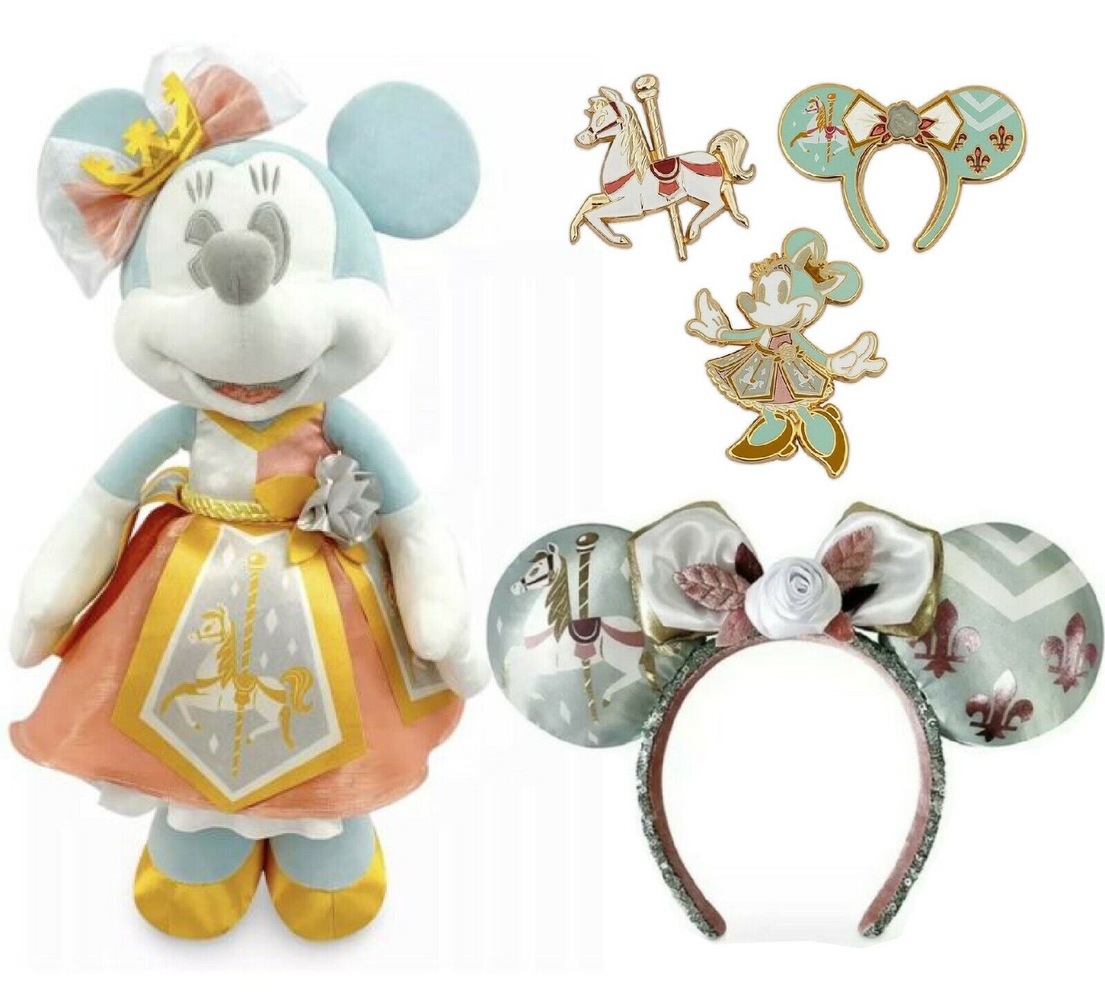 Disney Main Attraction King Arthur Carousel Minnie Mouse Ears Plush & Pins Lot  Disney