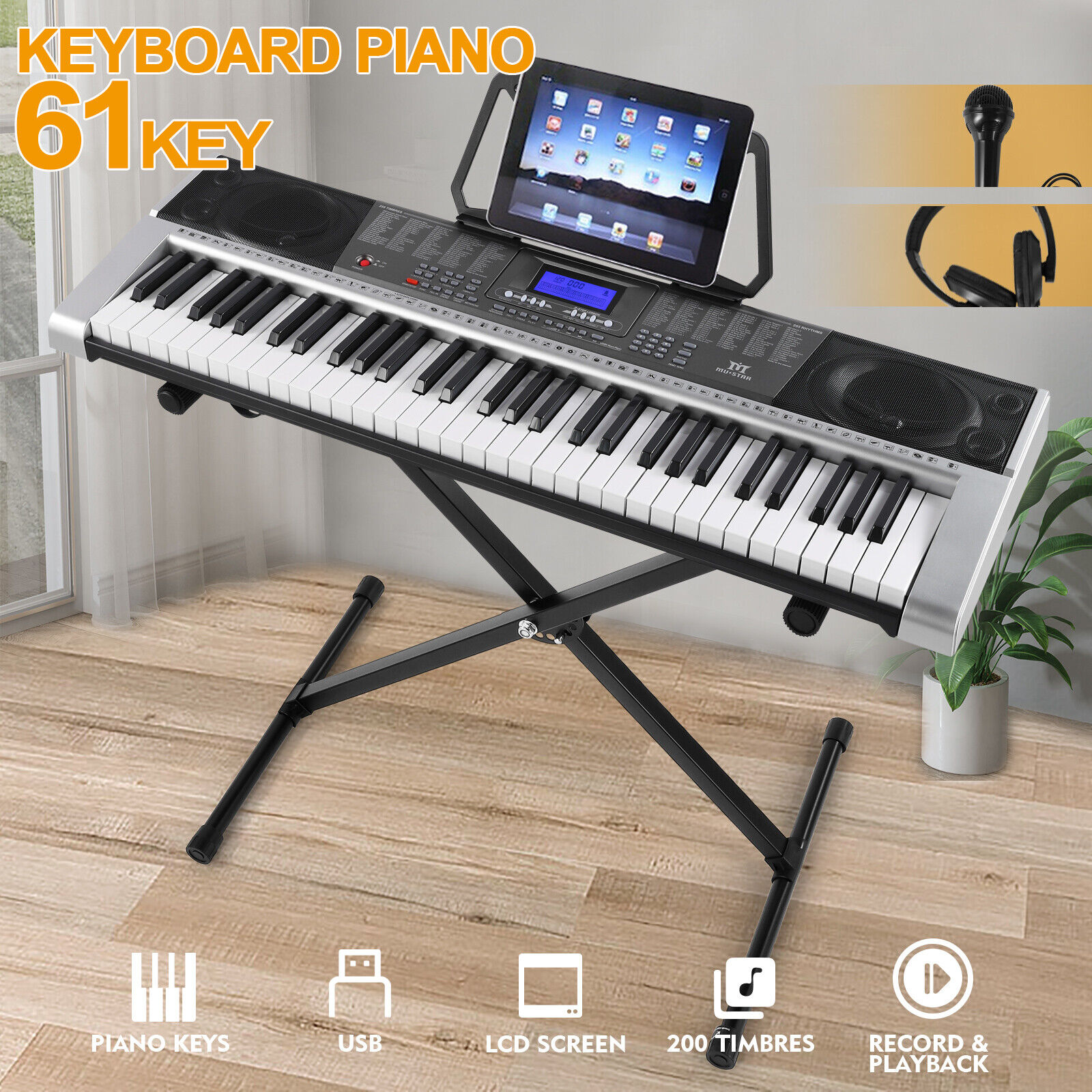 61 Key Electronic Keyboards Piano Portable Digital Organs W/Headphone Microphone Mustar S6010300