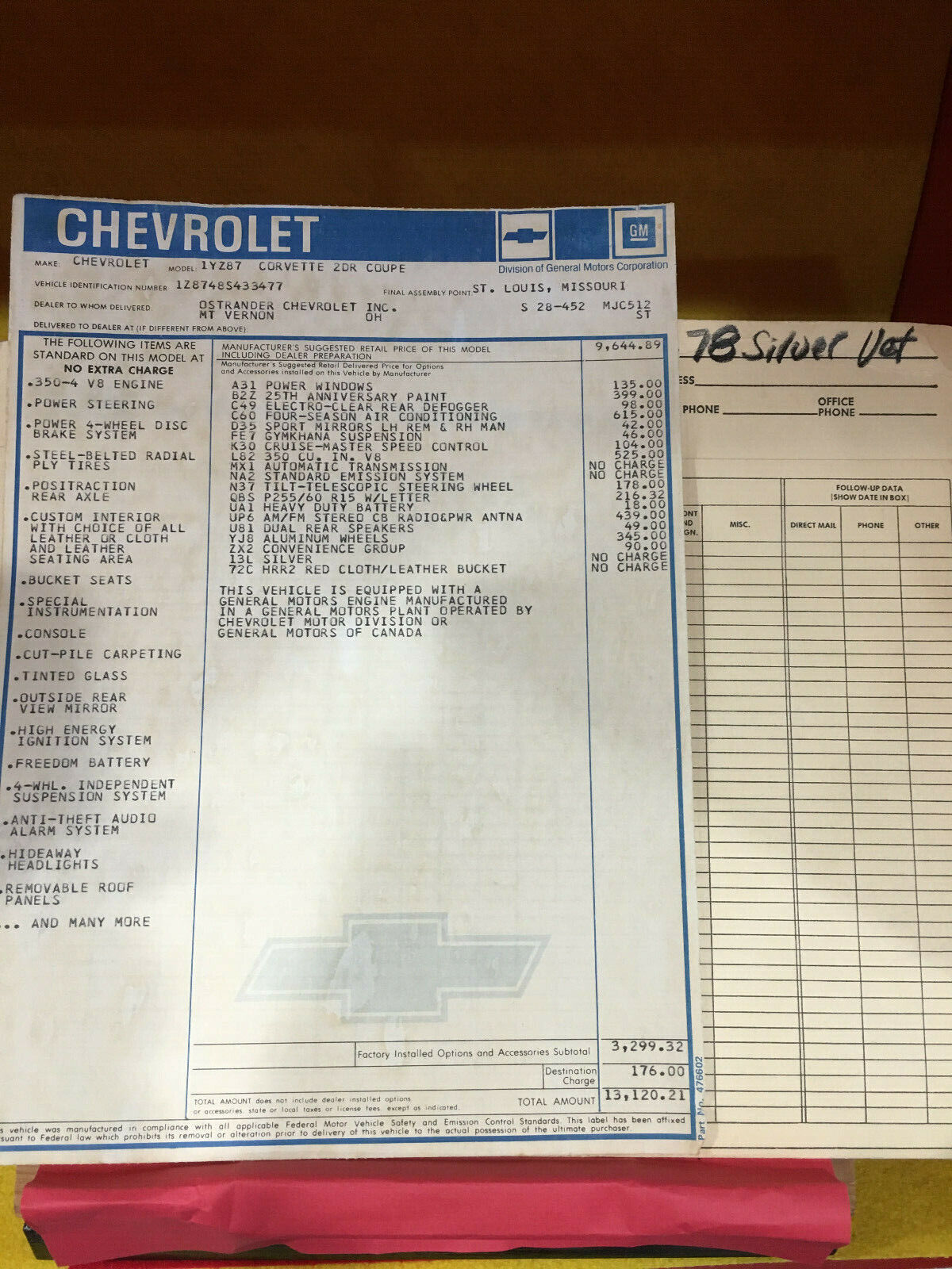 1978 L82 ANNIVERSARY CORVETTE WINDOW STICKER WITH EVERY OPTION AND DOCUMENTATION Без бренда