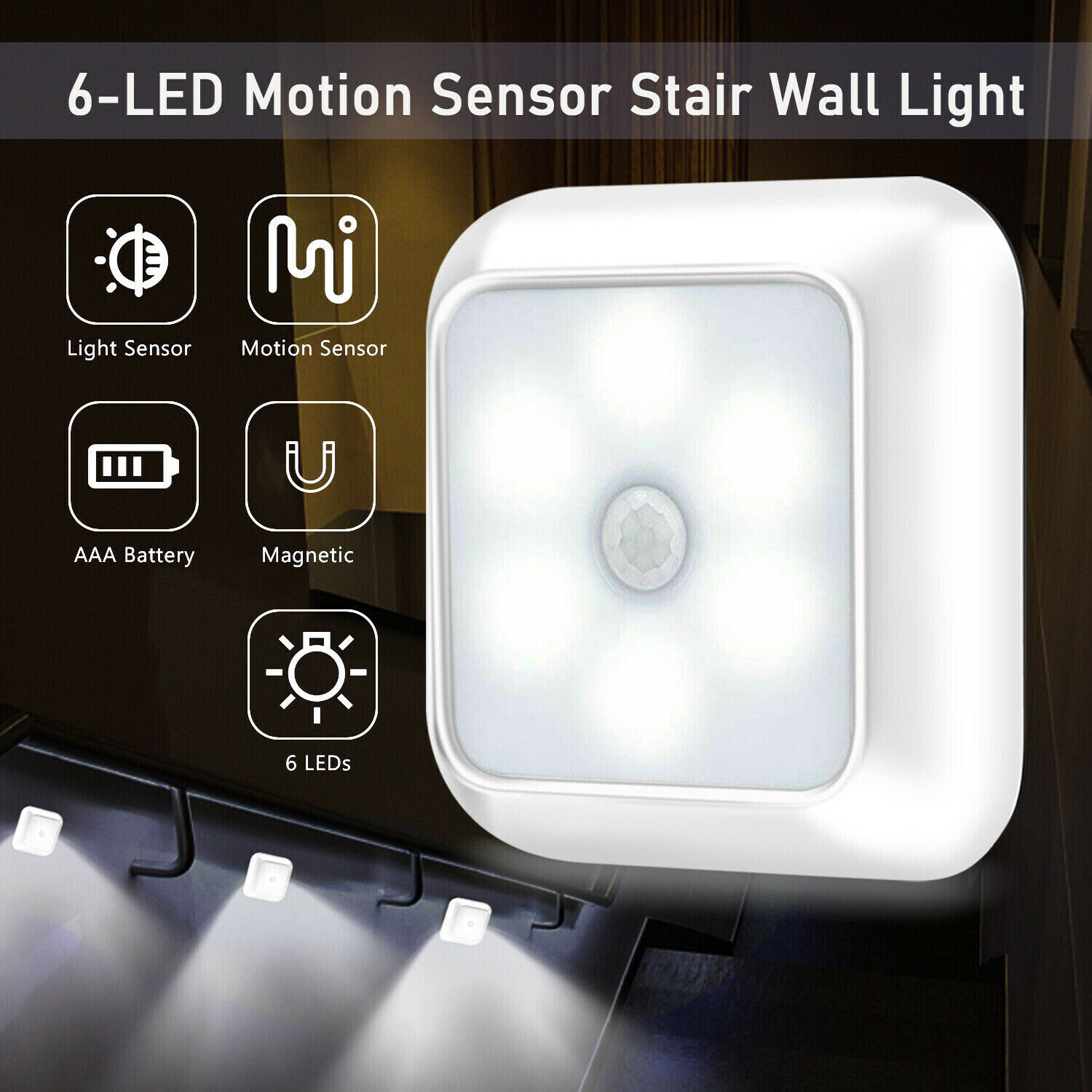 6-LED Wireless Motion Sensor Night Light Wall Cabinet Closet Stair Battery Lamp Housmile Under Cabinet Lights