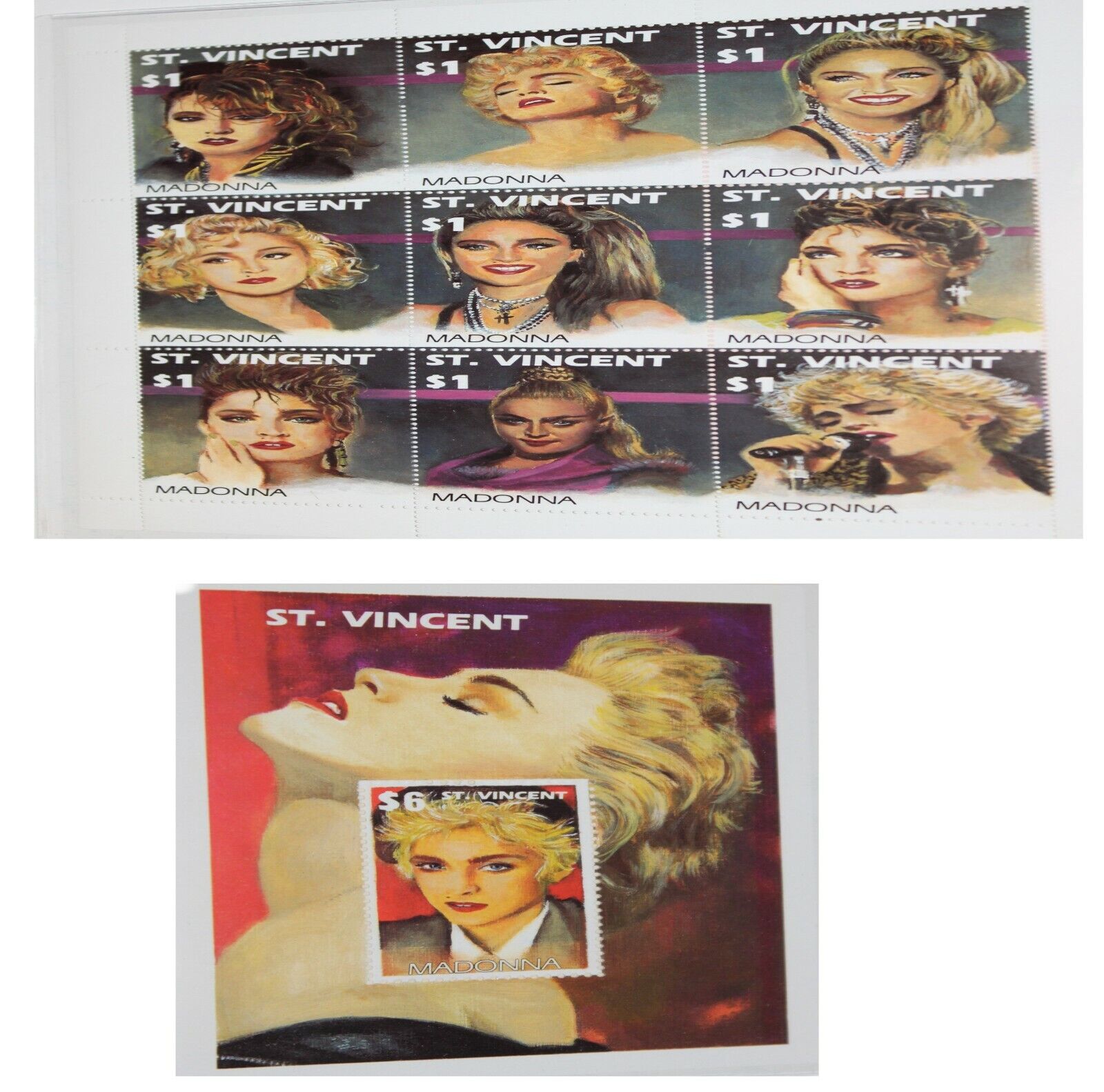  Madonna ST Vincent 1$ & 6$ Postage Stamp COA Lot of 2 Без бренда