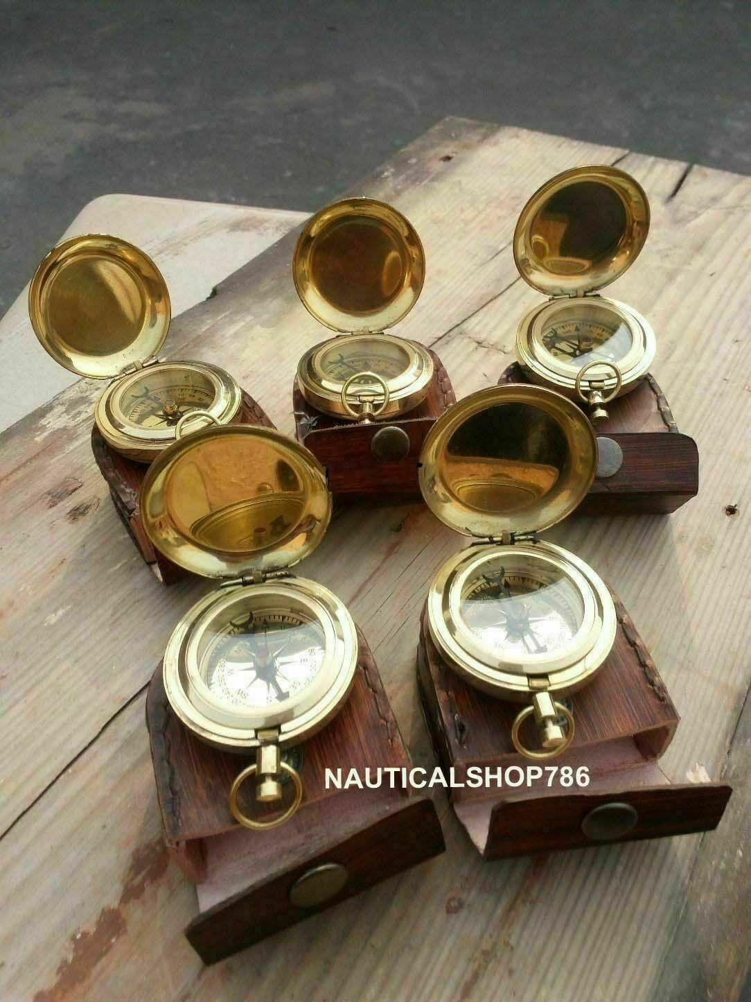 Maritime Push Button Compass Nautical Vintage Brass Compass With Case Set of 5 Без бренда
