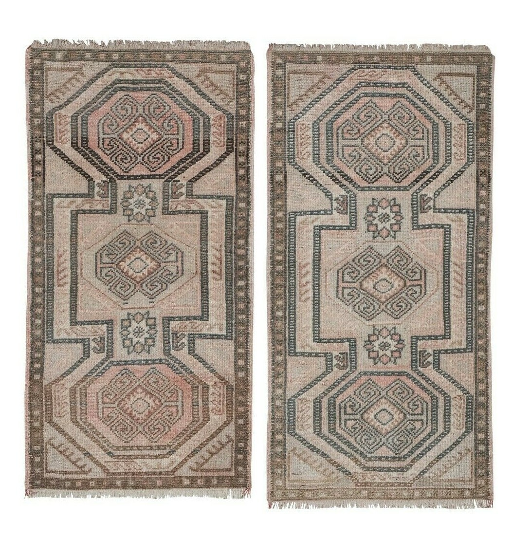 1970s Vintage Petite Distressed Low Pile Turkish Yastik Rug - a Pair Handmade Yastik Rug