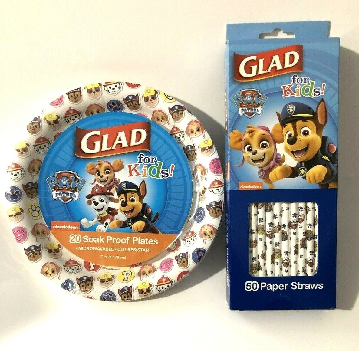 Glad For Kids Paw Patrol Paper Plates Microwave Safe 20 ct and Straws 50 ct GLAD