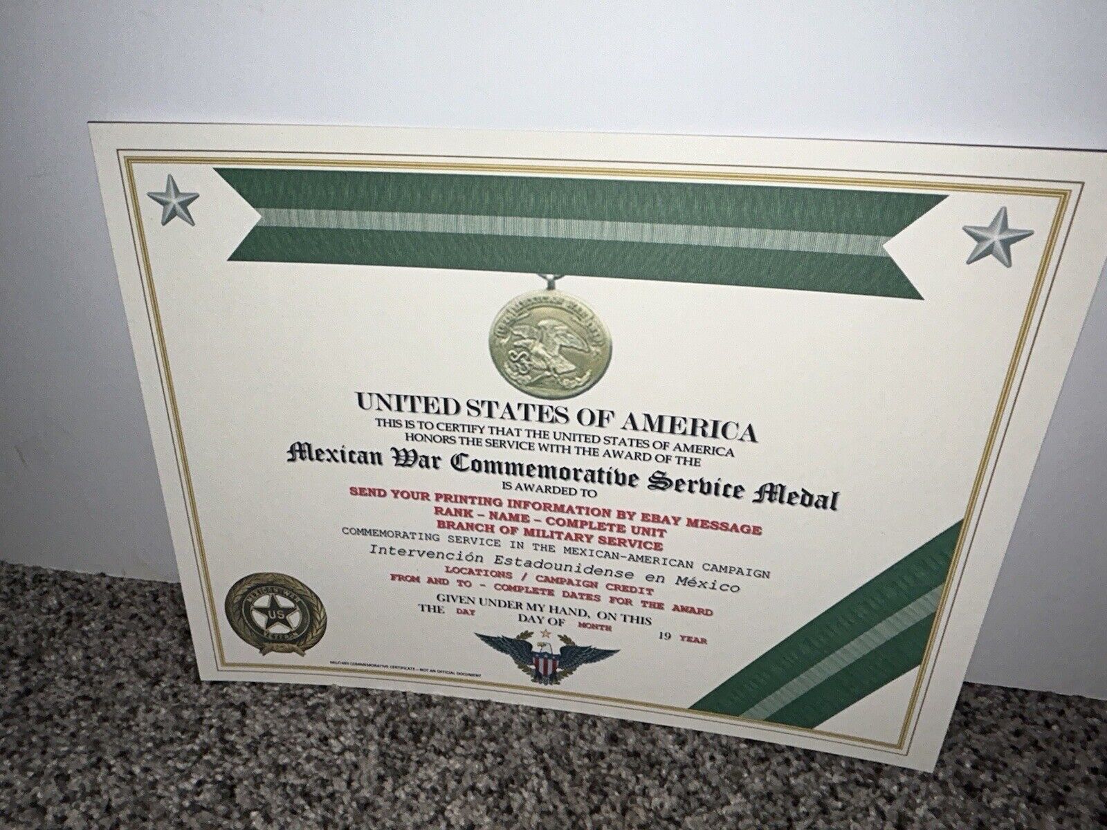 MEXICAN WAR COMMEMORATIVE SERVICE MEDAL CERTIFICATE ~ W/PRINTING TYPE-1 Без бренда - фотография #11