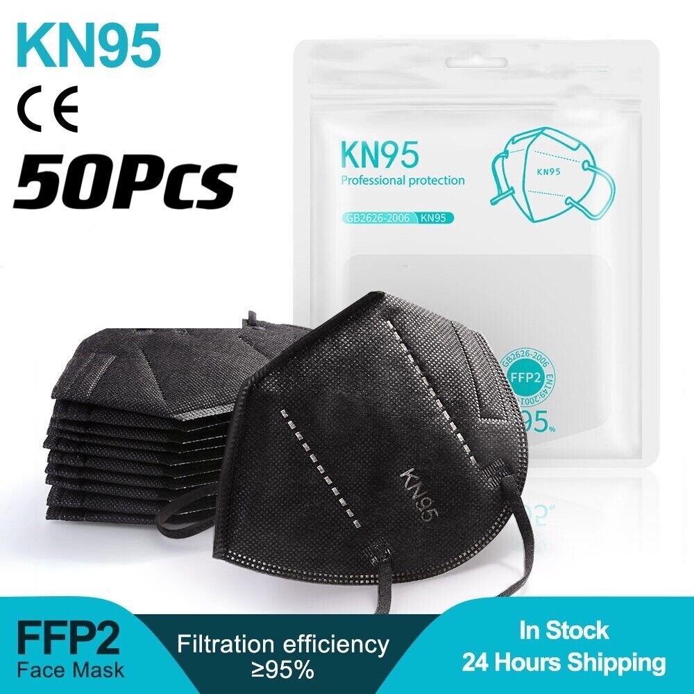 50 Pcs Black KN95 Protective 5 Layer Face Mask BFE 95% Disposable Respirator Unbranded KN95-FACE-MASK