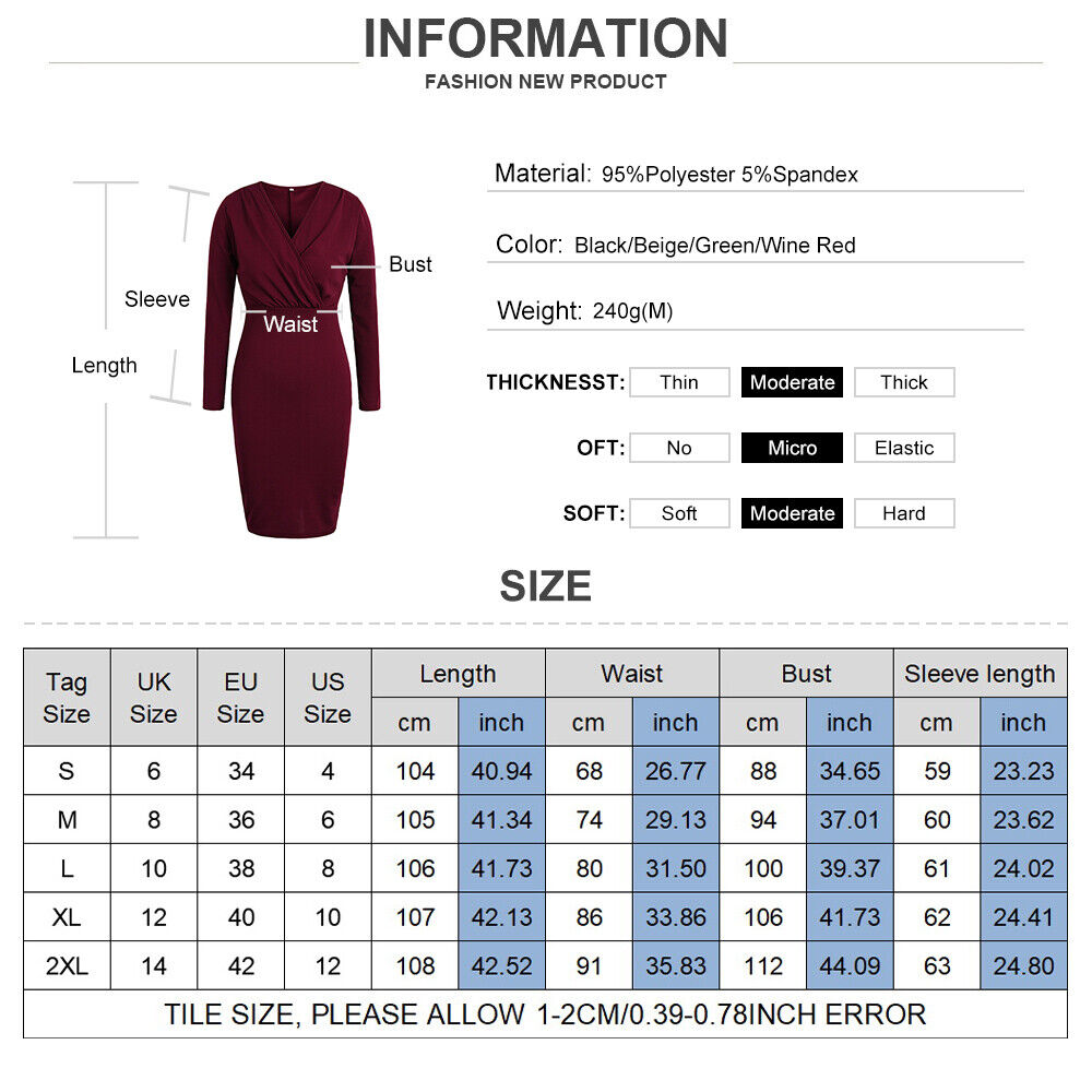 Women Long Sleeve Bodycon Dress Sexy V Neck Evening Party Sweater Midi Dress Unbranded Does Not Apply - фотография #3