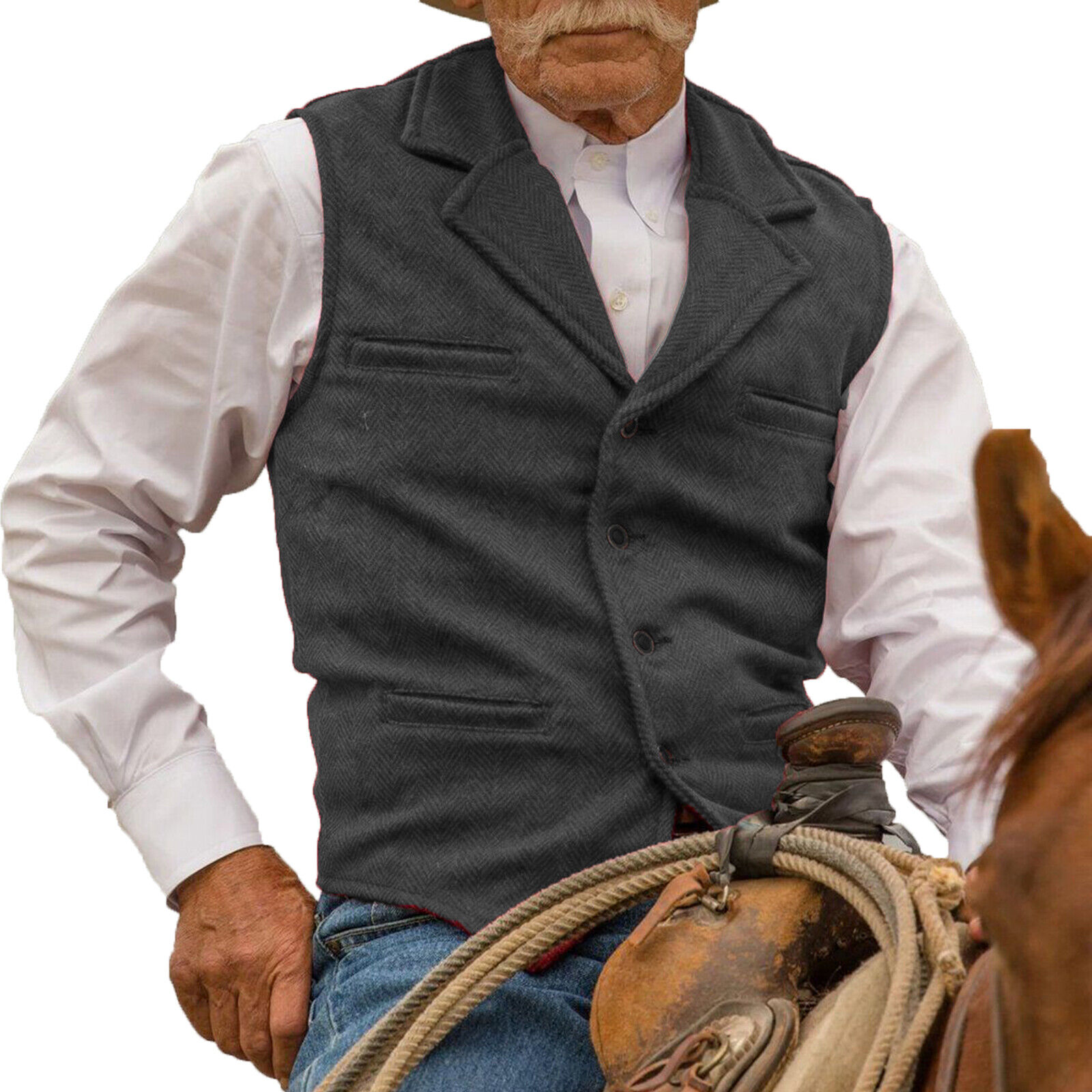 Aged Mens Vests Vintage Wesern Cowboy Mens Tweed Herringbone Vest M Large XL XXL Unbranded - фотография #7