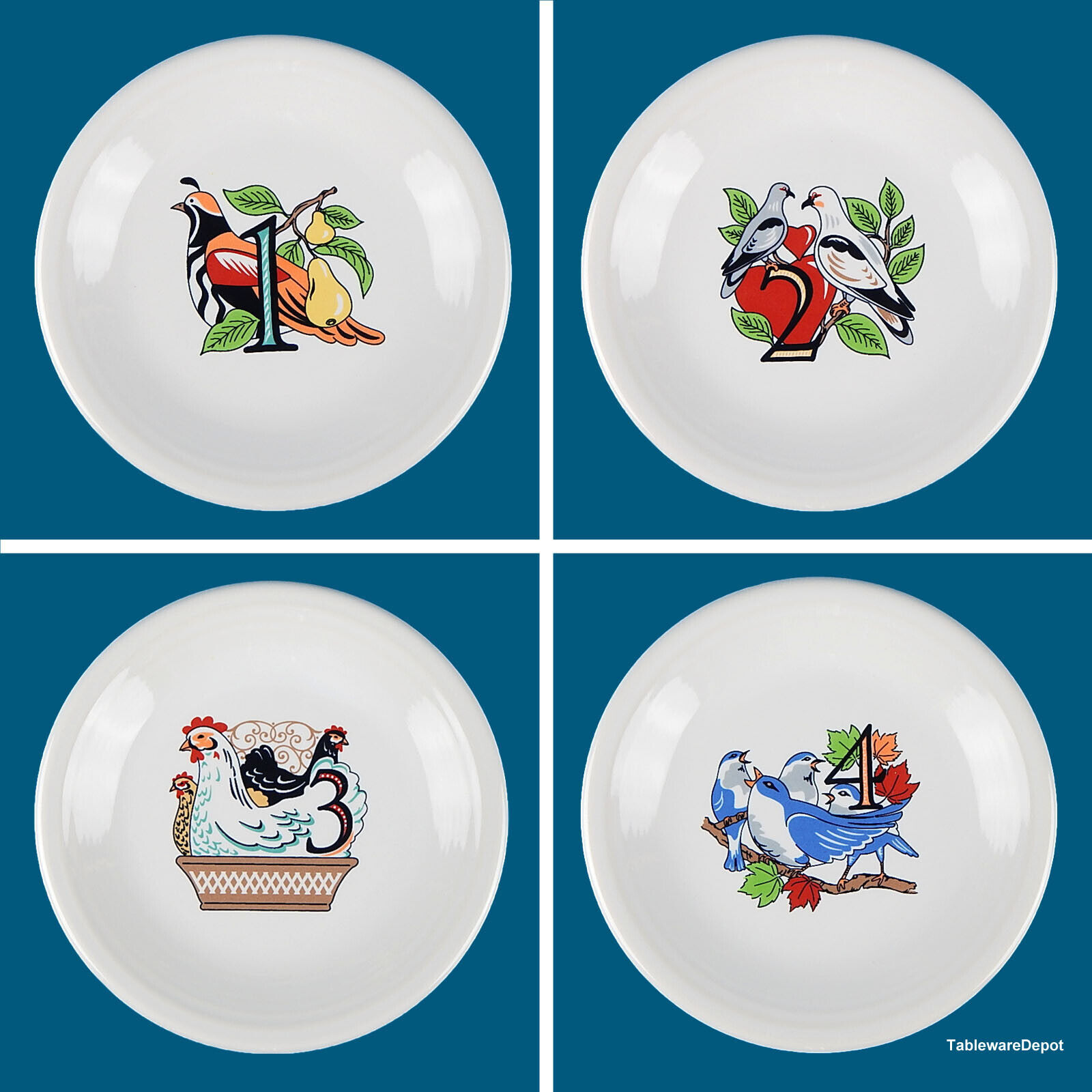 Homer Laughlin FIESTA WHITE 12 DAYS OF CHRISTMAS, Set of 4 Salad/Dessert Plates Homer Laughlin Fiesta White 12 Days Of Christmas