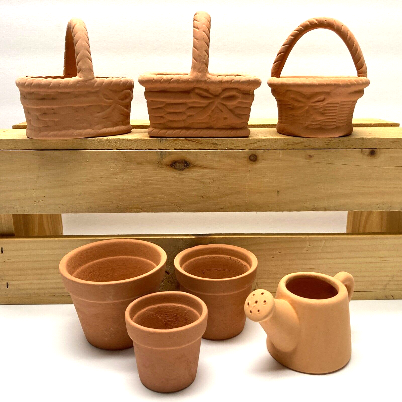 Lot of 7 NEW (flaws) Mini Clay Terracotta pots, baskets, water can home decor unmarked