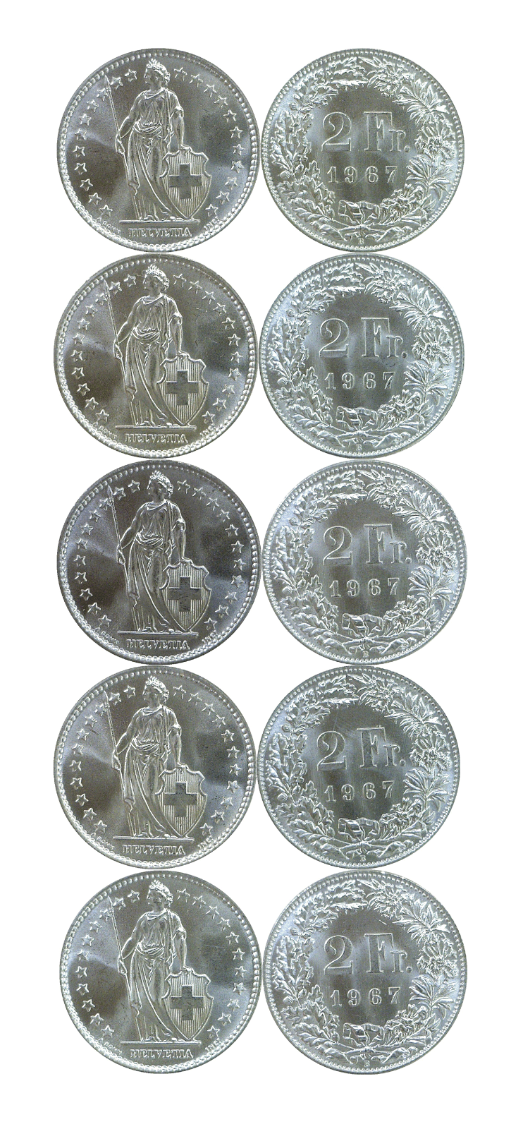1967 B Switzerland 2 Francs Silver 5 Coin Lot KM# 21 Uncirculated Без бренда
