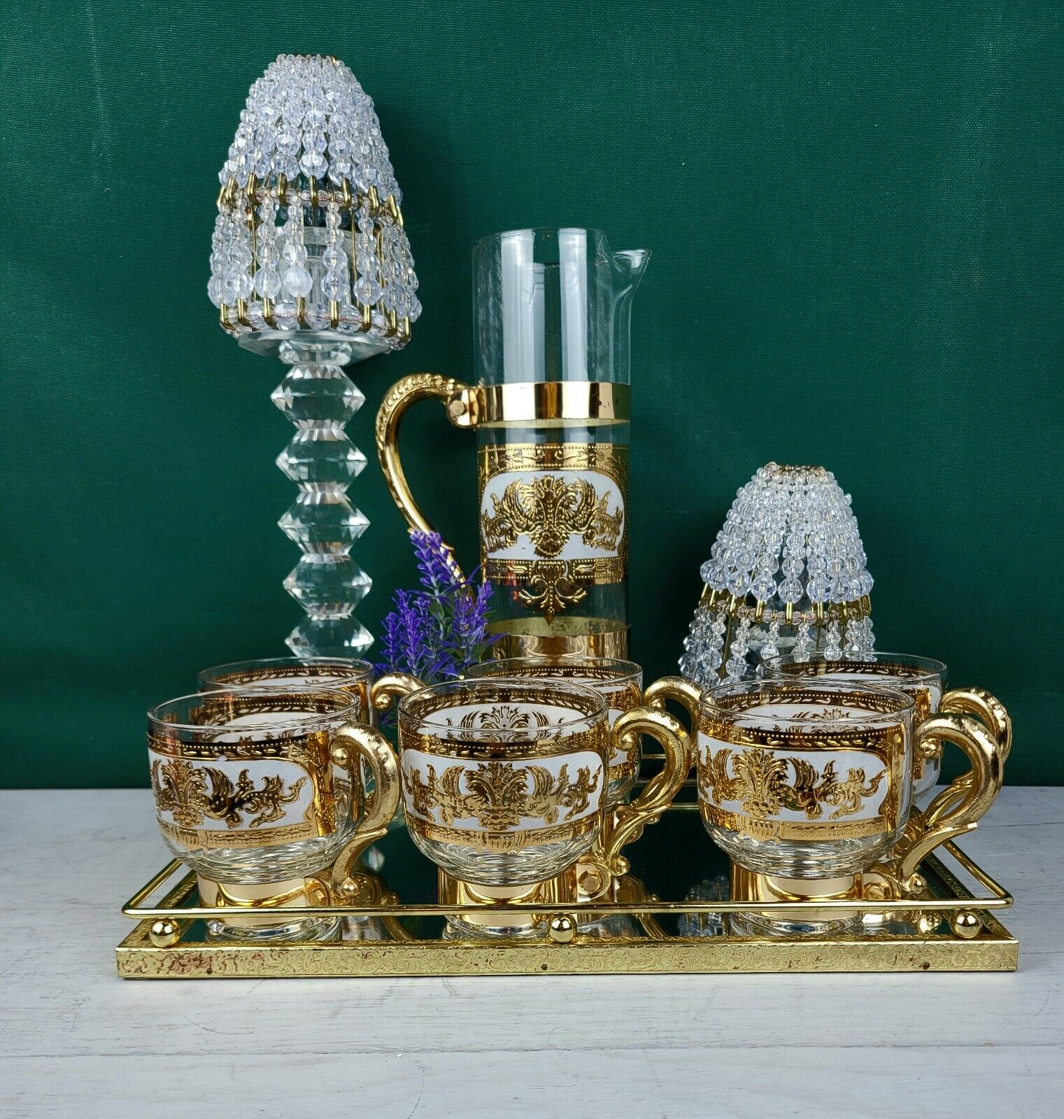 Russian Martini Cocktail Pitcher & 6 Lowball Handled Glasses Set, Gold Filigree  Unbranded Cocktail Pitcher - фотография #2