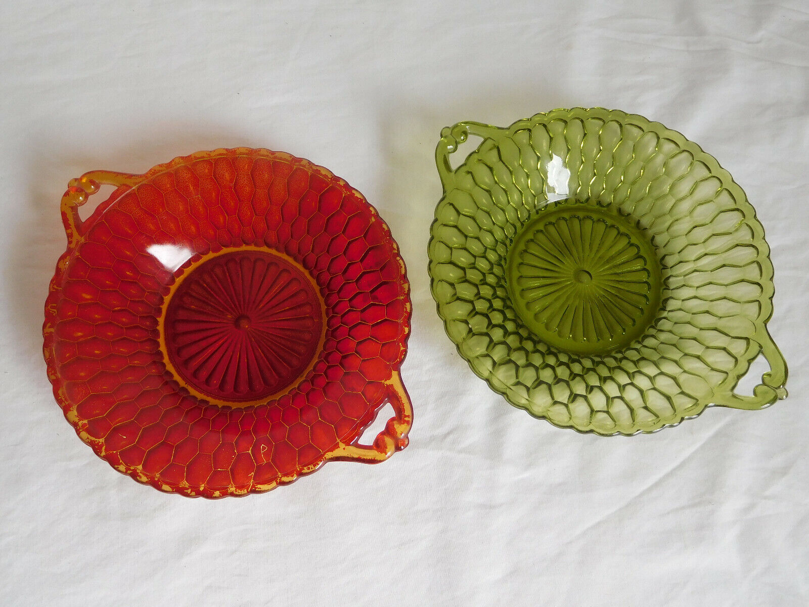 2 Indiana Glass HONEYCOMB BOWLS DISH Green Red yellow amber vintage antique Indiana Glass