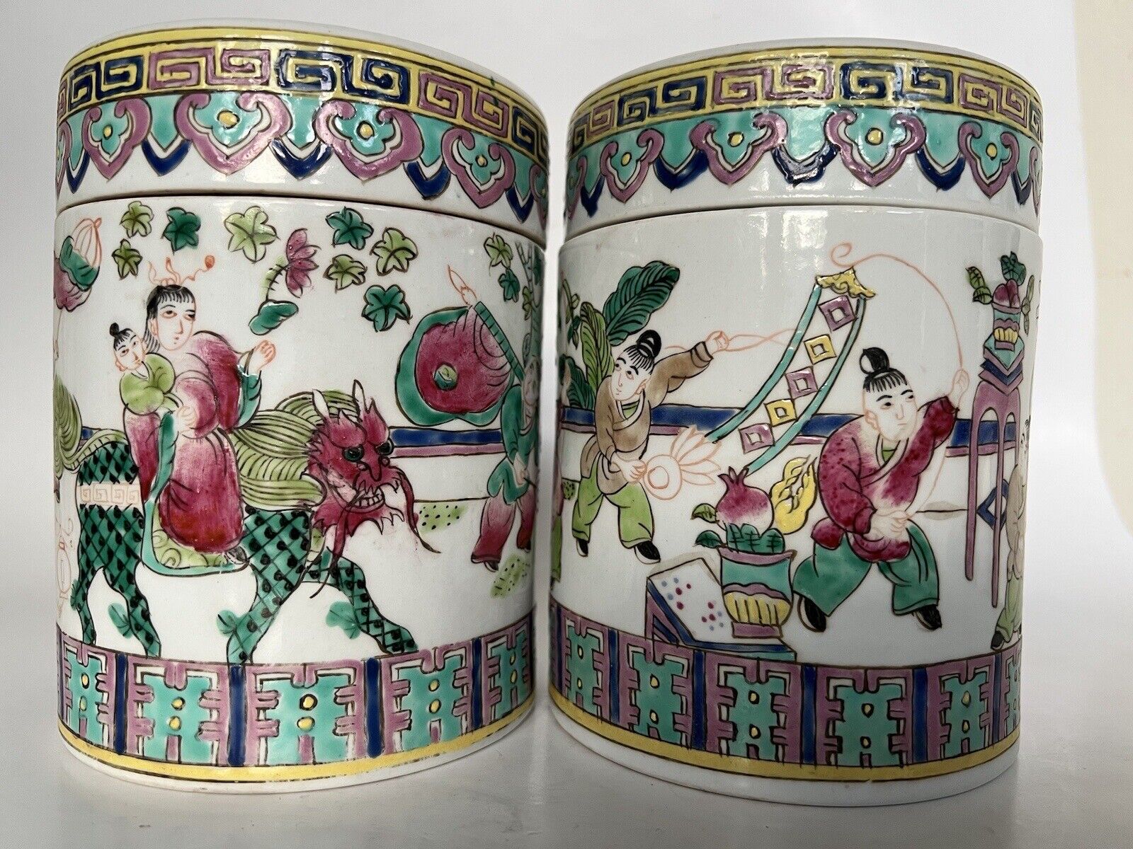2 Antique Chinese Hand Paint Dragon Children Cylinder Hallmark Famille Jars 6" Без бренда - фотография #2