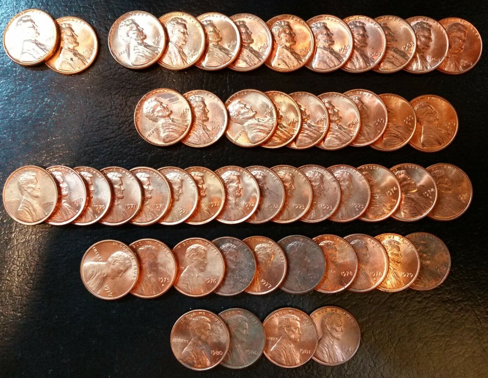 Complete Copper Memorial Cent Penny Set 1959-81d (50 Coins) Unc, BU, most Red   Без бренда