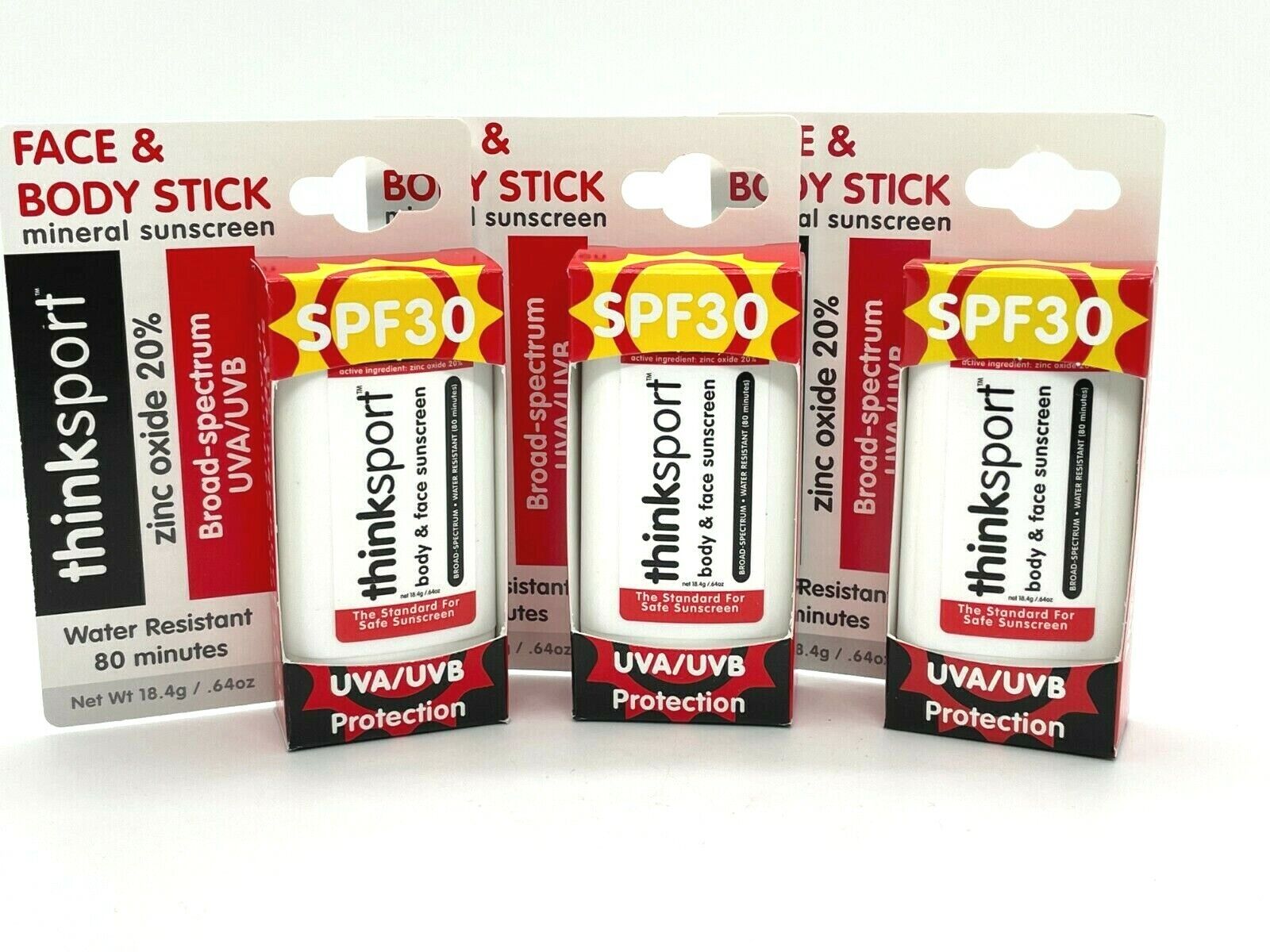 3 THINKSPORT - Face & Body Sunscreen Stick SPF-30 Waterproof 0.64 OZ Exp 1/22 THINKSPORT