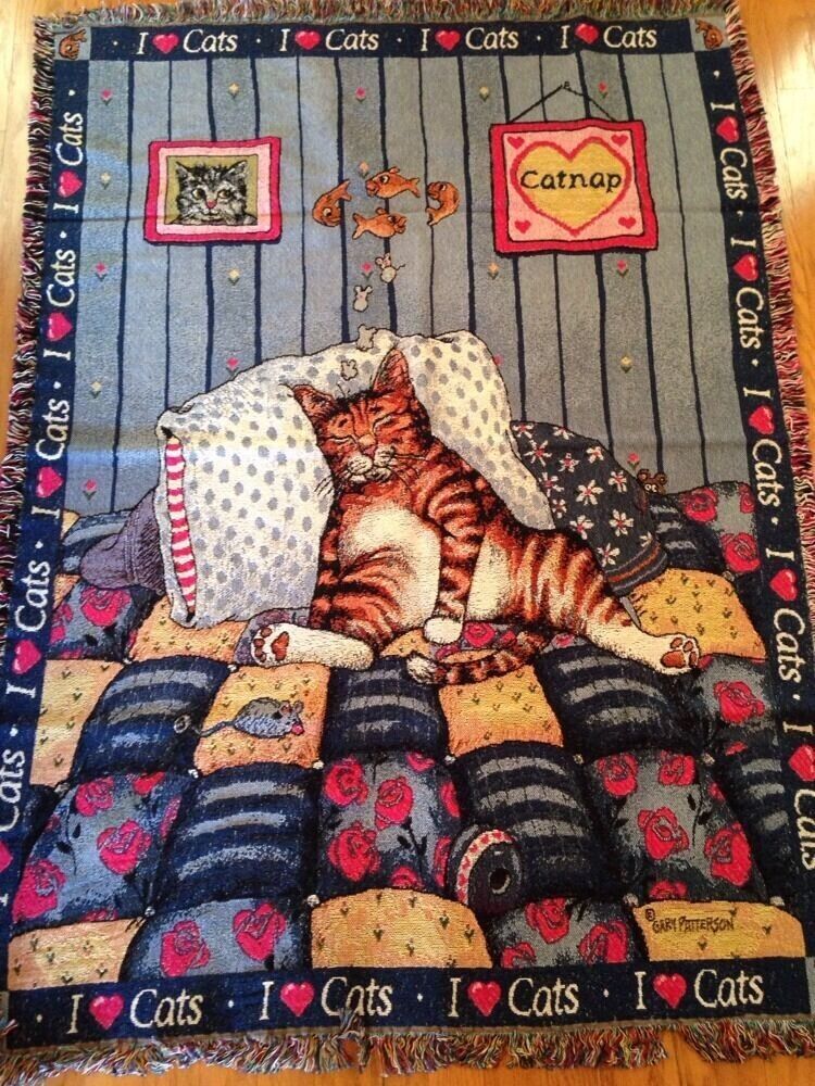 I Love Cats Striped Tabby Catnap Gary Patterson Danbury Mint Throw Blanket NOS Unbranded