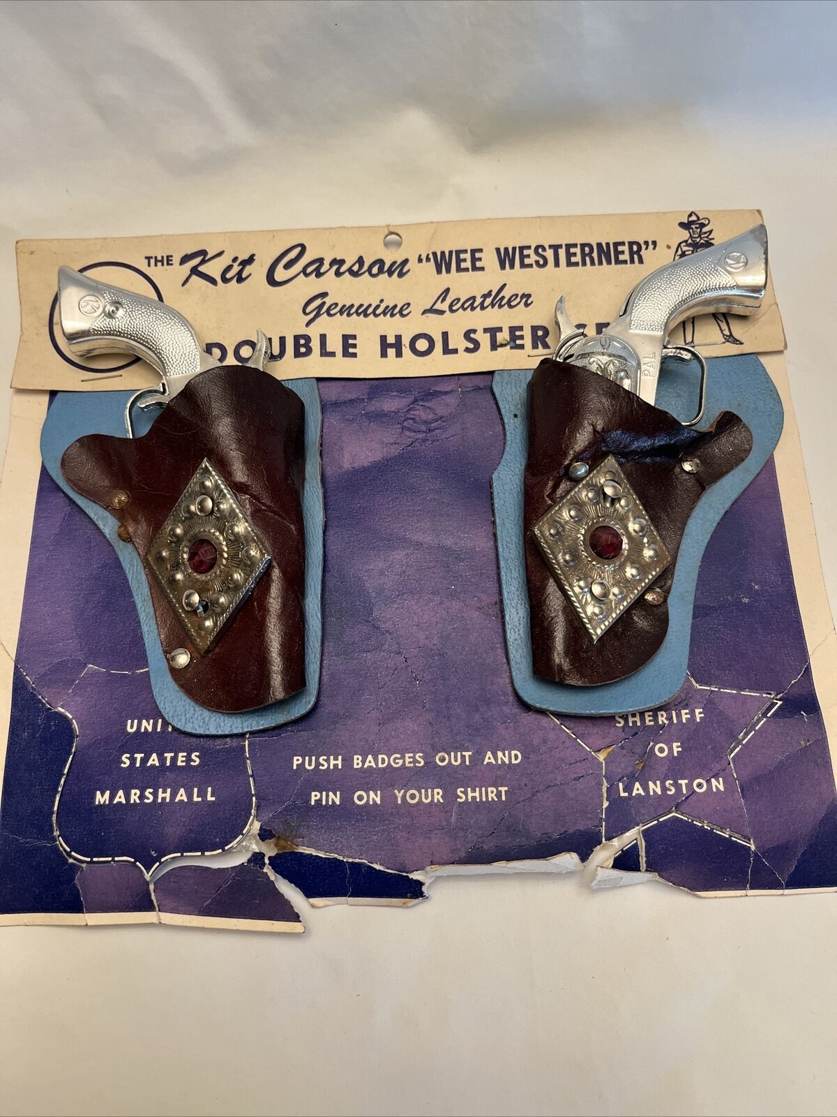 Vintage 1960s Kilgore Kit Carson Wee Westerner Leather Double Holster Set NOS Kilgore
