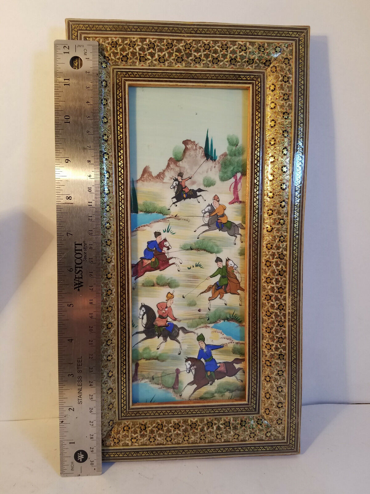Lot of 2 Vintage Persian Equestrian Paintings in Wooden Khatam Inlay Frames Без бренда - фотография #11