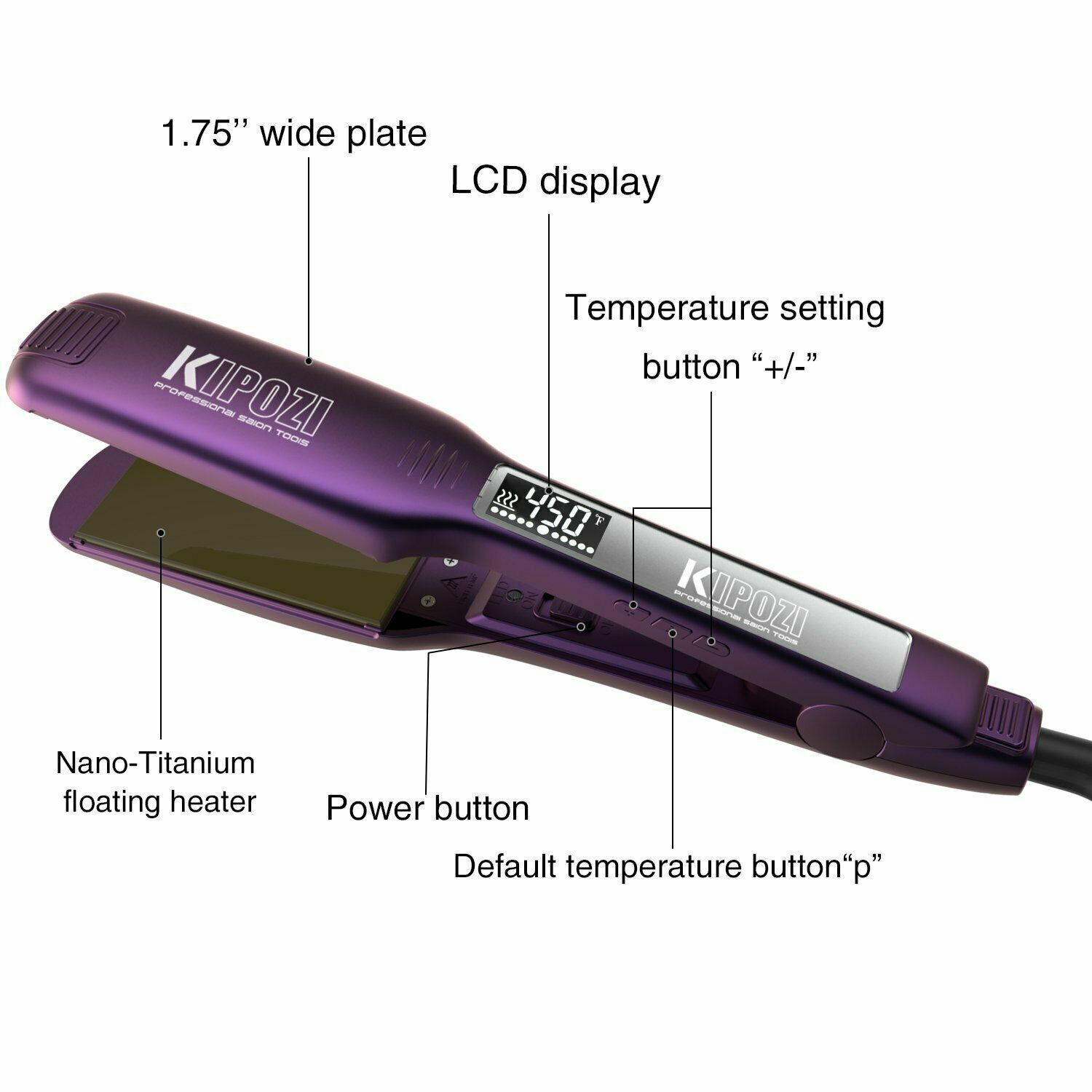 Pro KIPOZI Curly Straight Hair Straightener 2 In 1 Wide Plate LCD Display 1.75In KIPOZI Does Not Apply - фотография #10