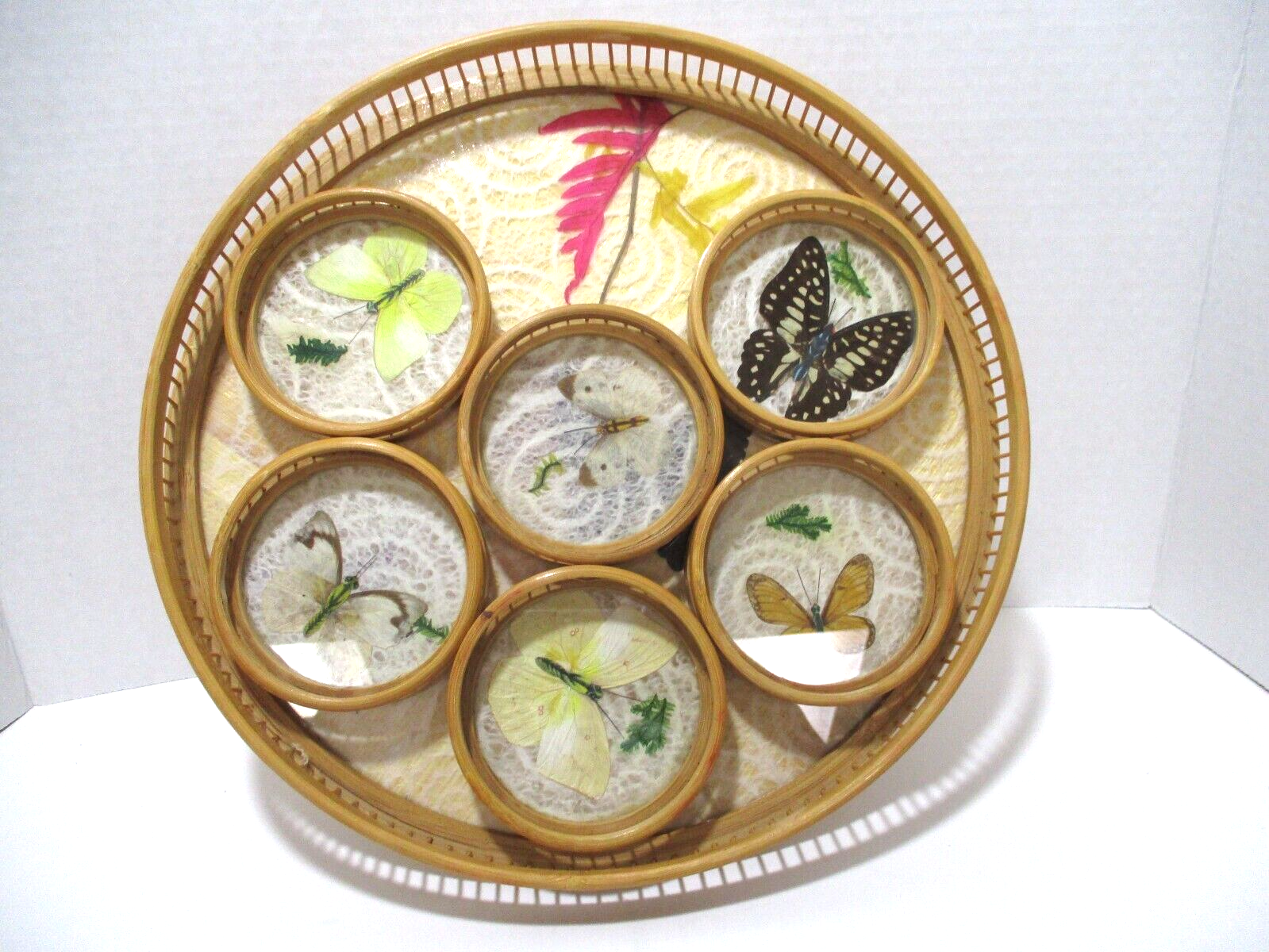 Vintage Bamboo Pressed Butterfly Serving Tray and Coasters Set Complete BOHO Unbranded Coaster Set - фотография #2