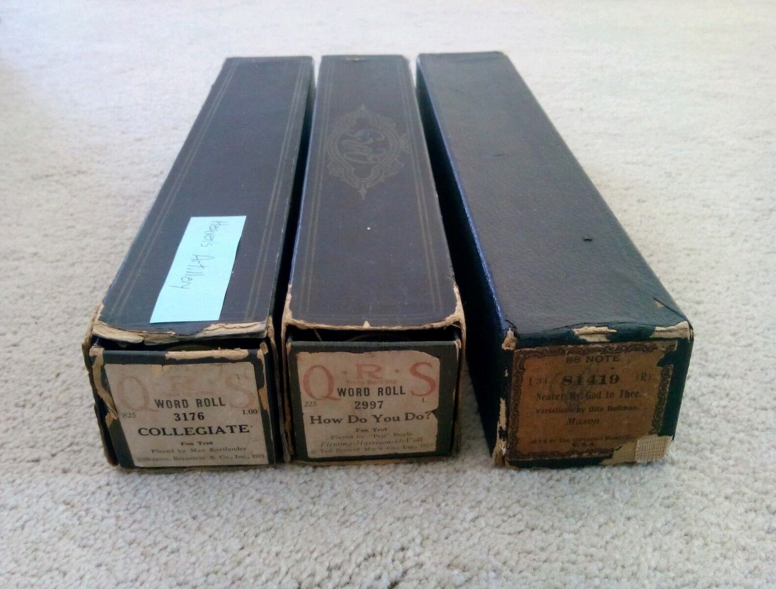 Lot of 3 Antique Player Piano Rolls W/Metal Ends In Boxes  QRS/Unknown